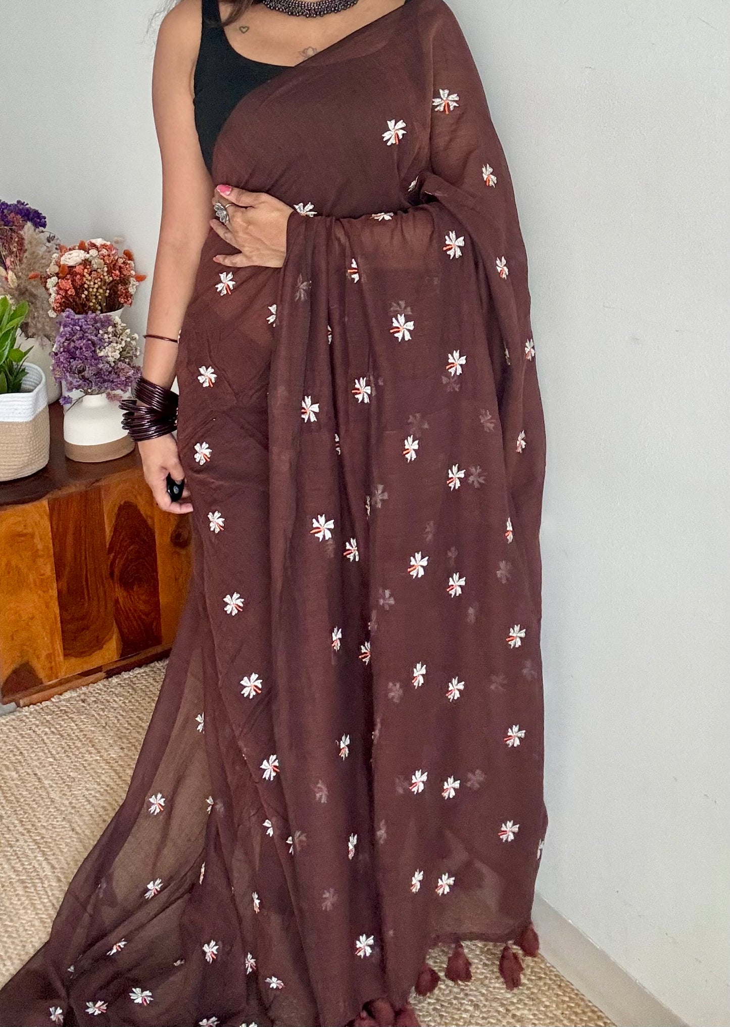 Brown parijat mul cotton saree  - YCBCMCAP34