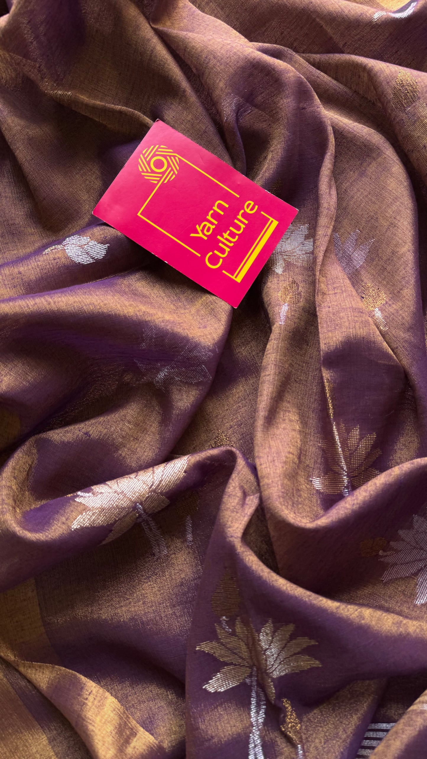 Handwoven purple gold dual tone tissue linen saree with lotus motifs - YCBCLTFE401