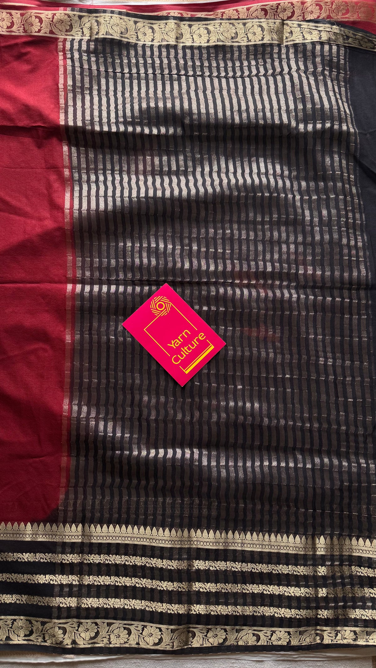Maroon and black, semi crepe silk saree with antique gold border - YCLOKOC50