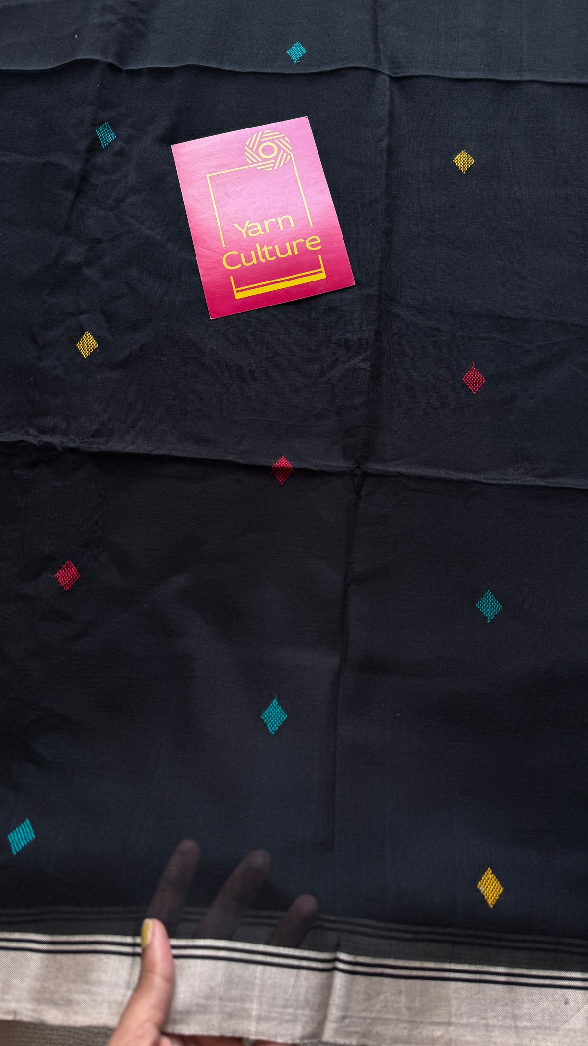 Handloom Bengal soft cotton saree, black with woven buttas and beige borders - YCBCMCSE37