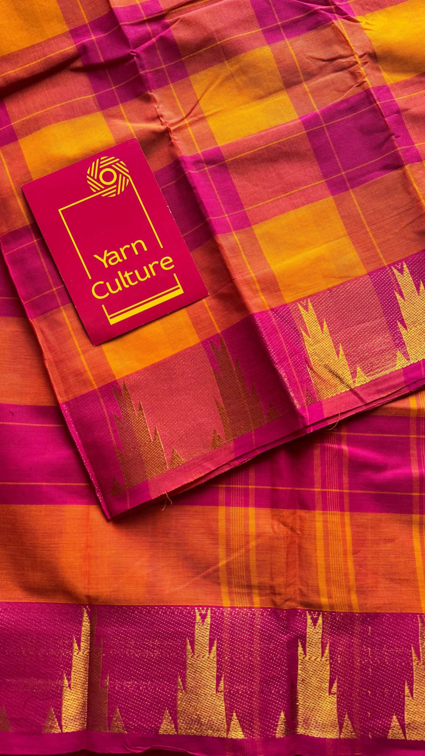 Chettinad cotton saree with yellow and pink checks, temple motif border - YCCOTNAP59
