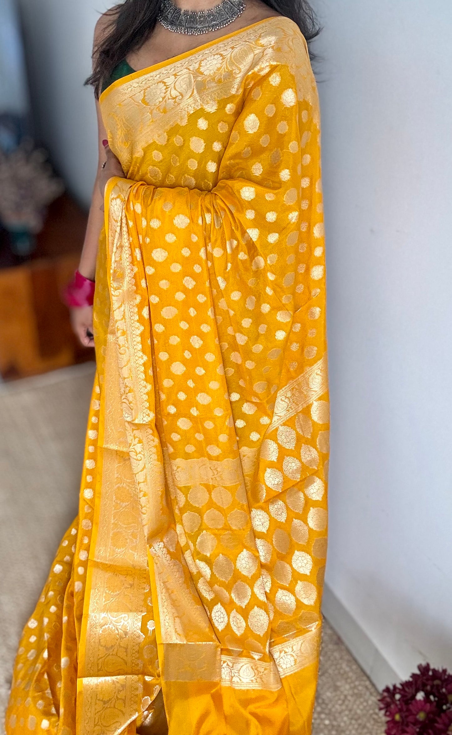 Orangish dark yellow, silver buttas and zari, Banarasi semi-silk - YCDESE35