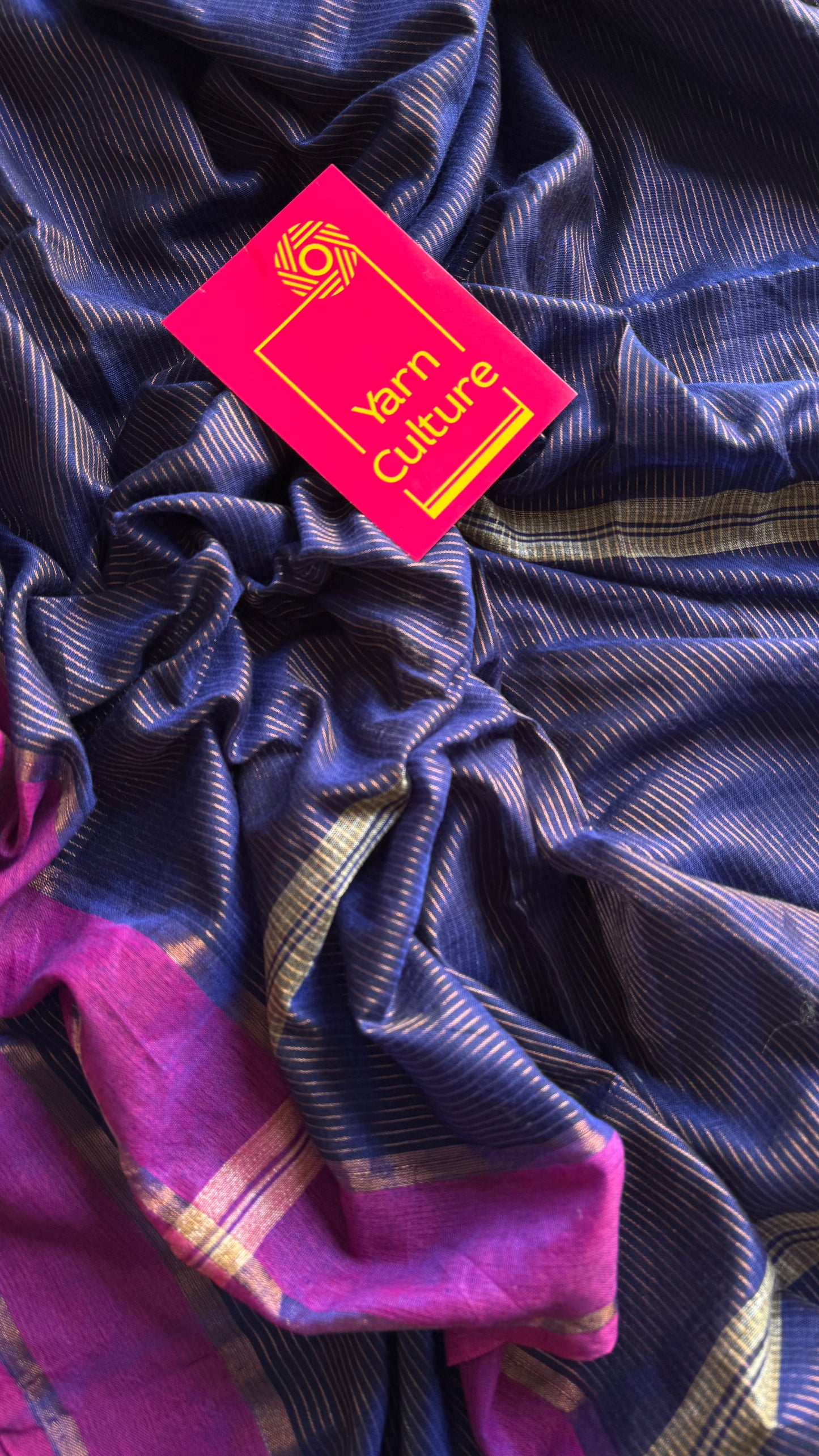 Dark blue with magenta gap border, gold zari stripes, soft cotton - YCBCKCZDE129