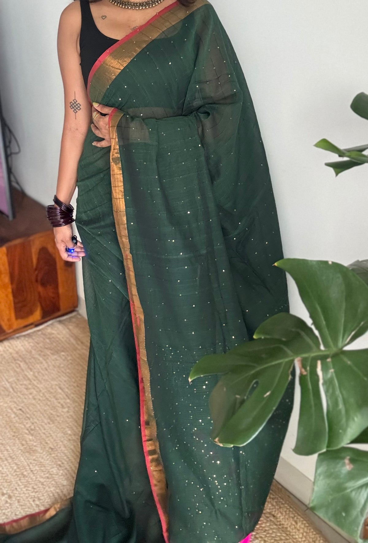 Dark green mul cotton saree with sequins and zari border - YCBCMCSE32