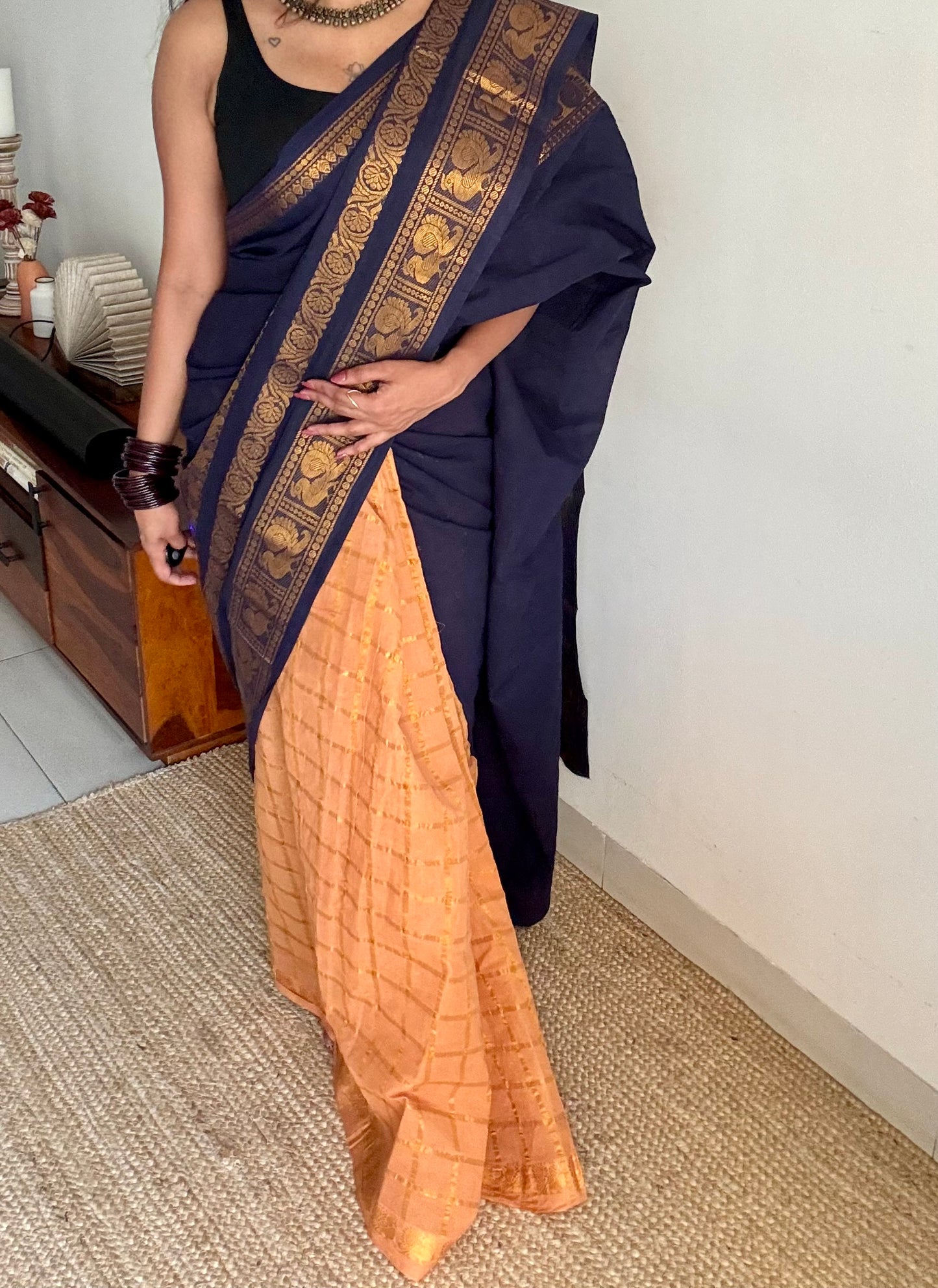Dark blue with musk, sungudi cotton half-half saree - YCCOTNIDMA318