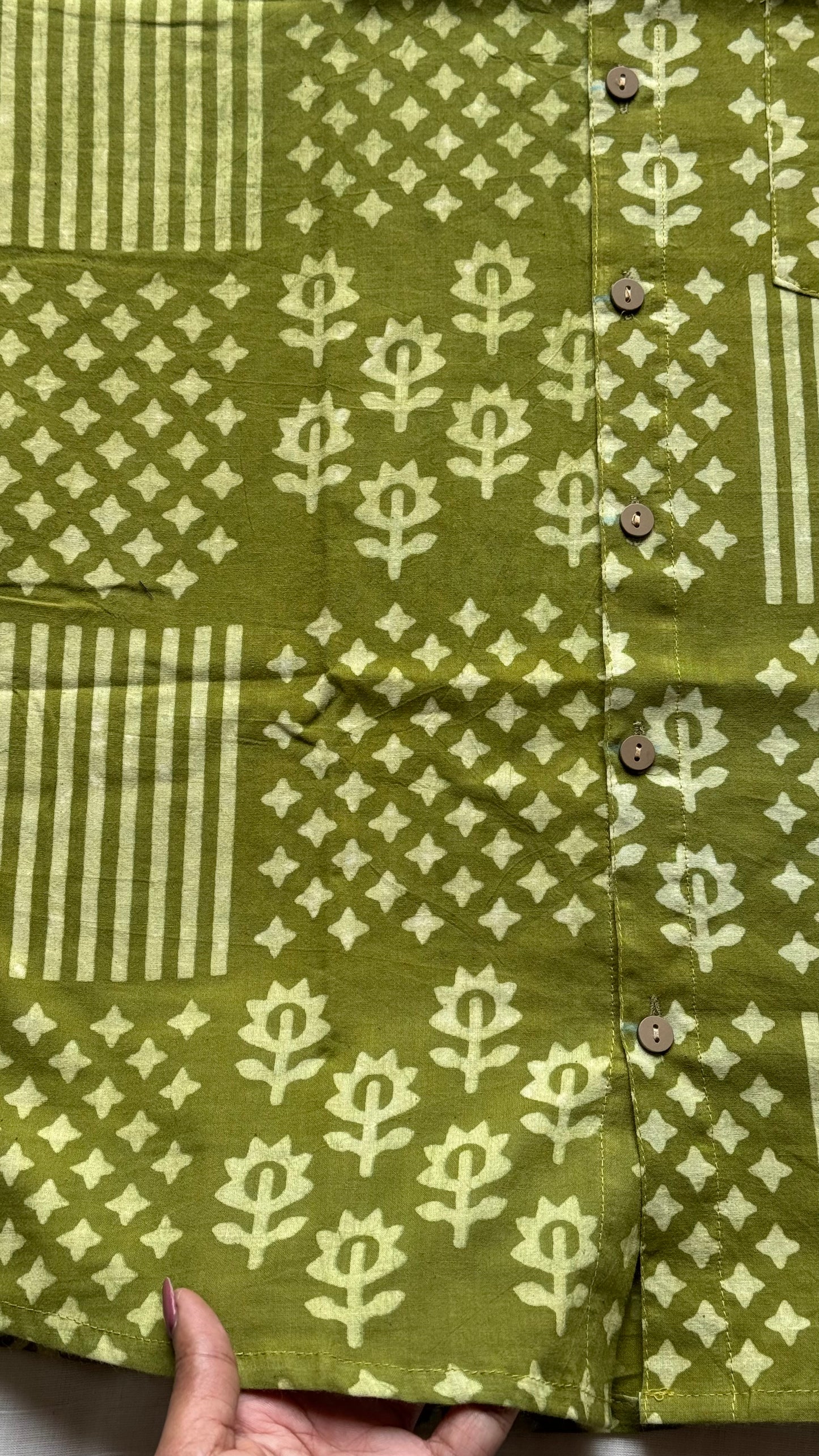 Light Green Motif Block Printed Cotton Men's Half Sleeve Mandarin Collar Kurta Shirt- YCMSEIE191