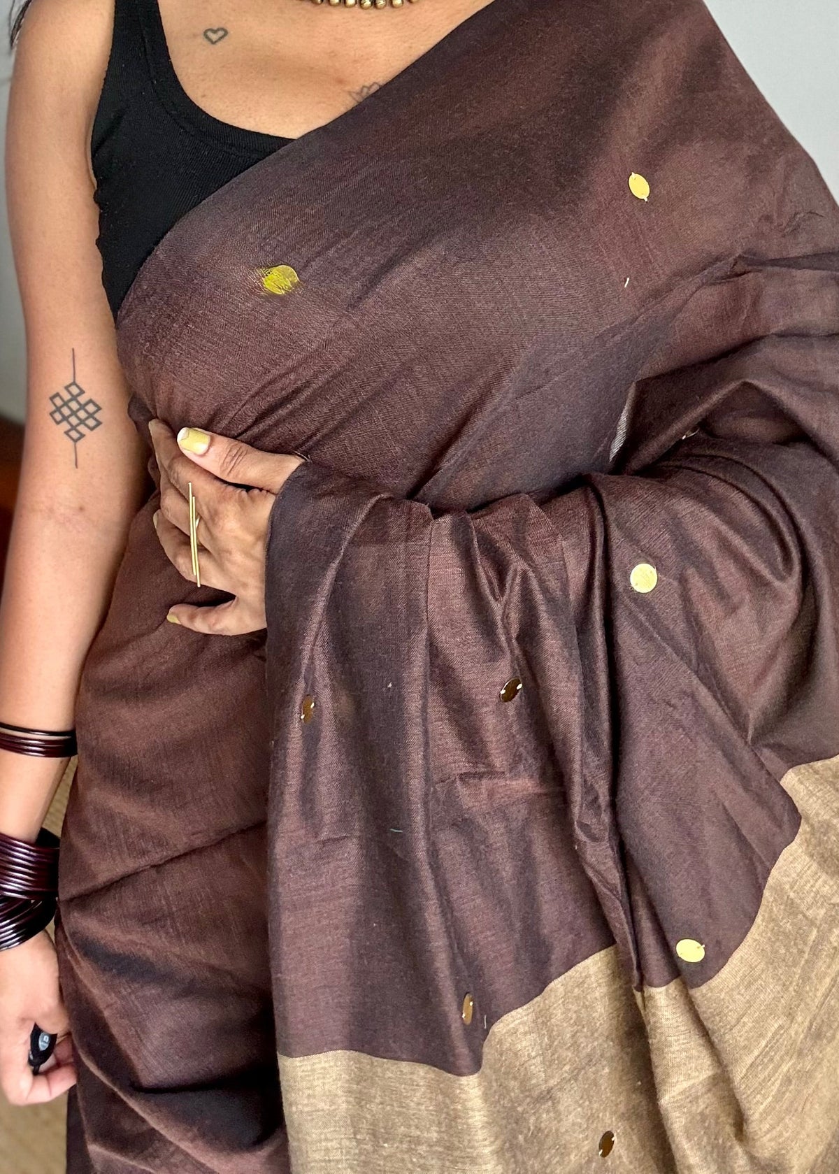 Brown with warm grey contrast pallu, gini sequins, soft cotton saree - YCBCSCOC09