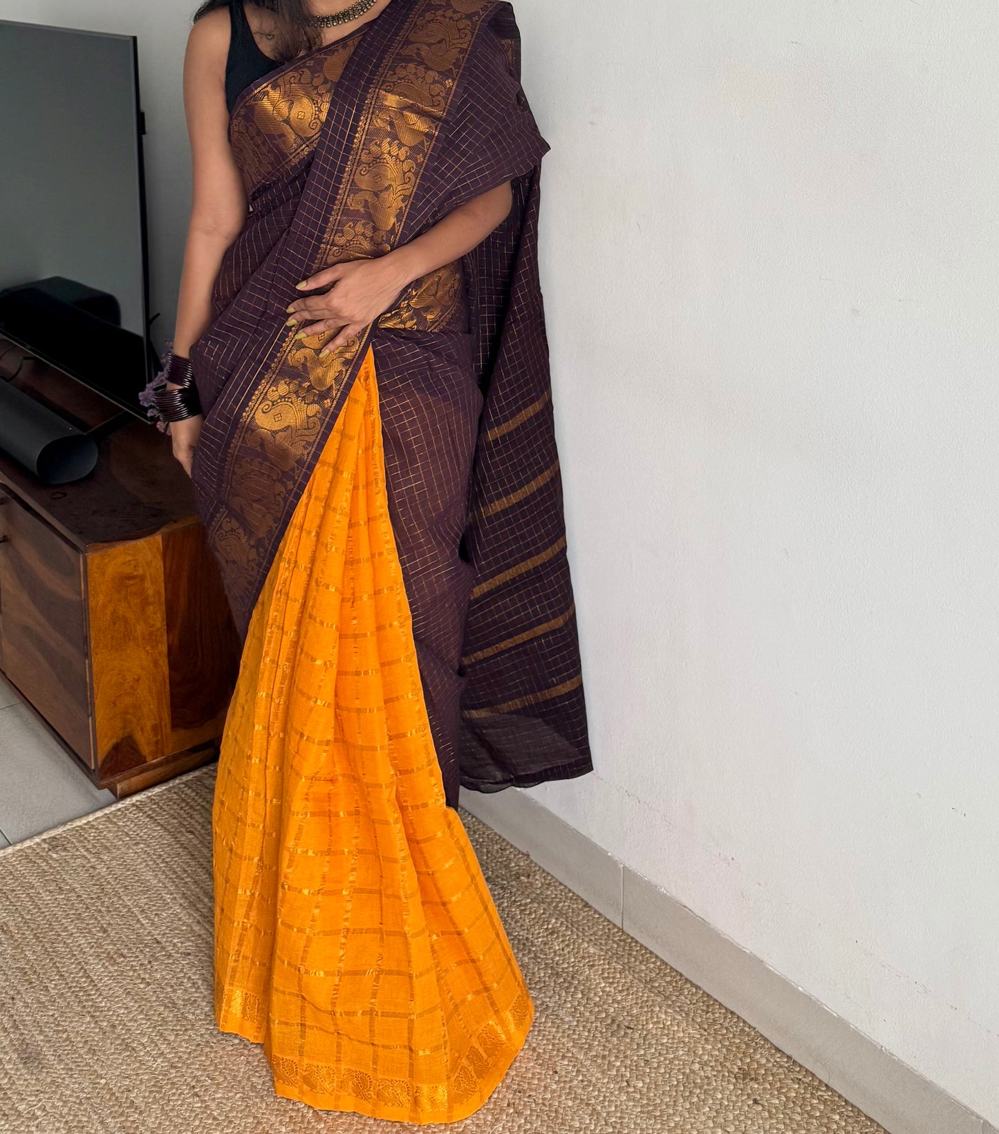 Purple brown with yellow, sungudi cotton half-half saree - YCCOTNMSFE351