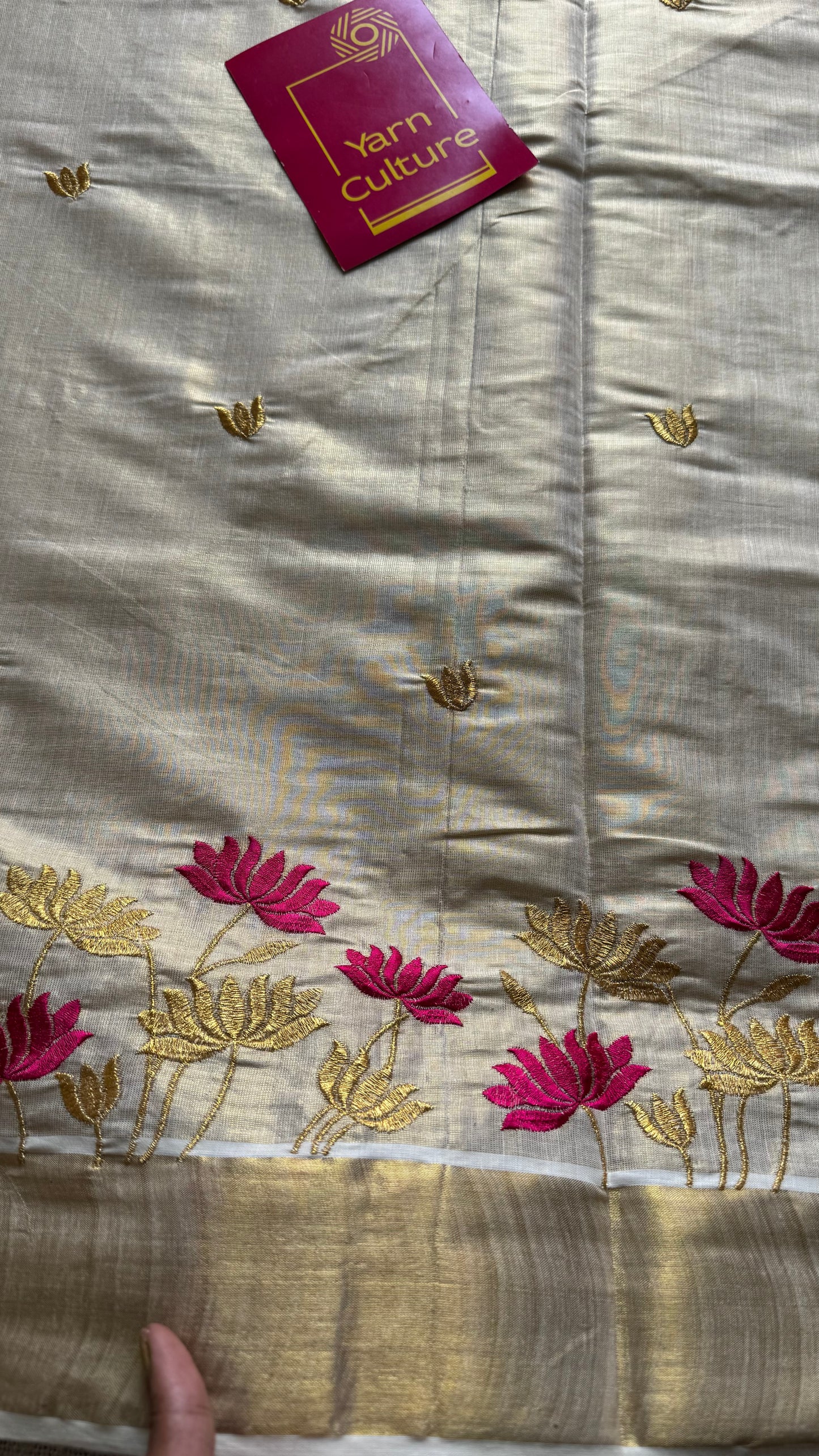 Ivory and gold tissue kerala cotton saree with hot pink and gold lotus embroidery - YCIEKCFE315