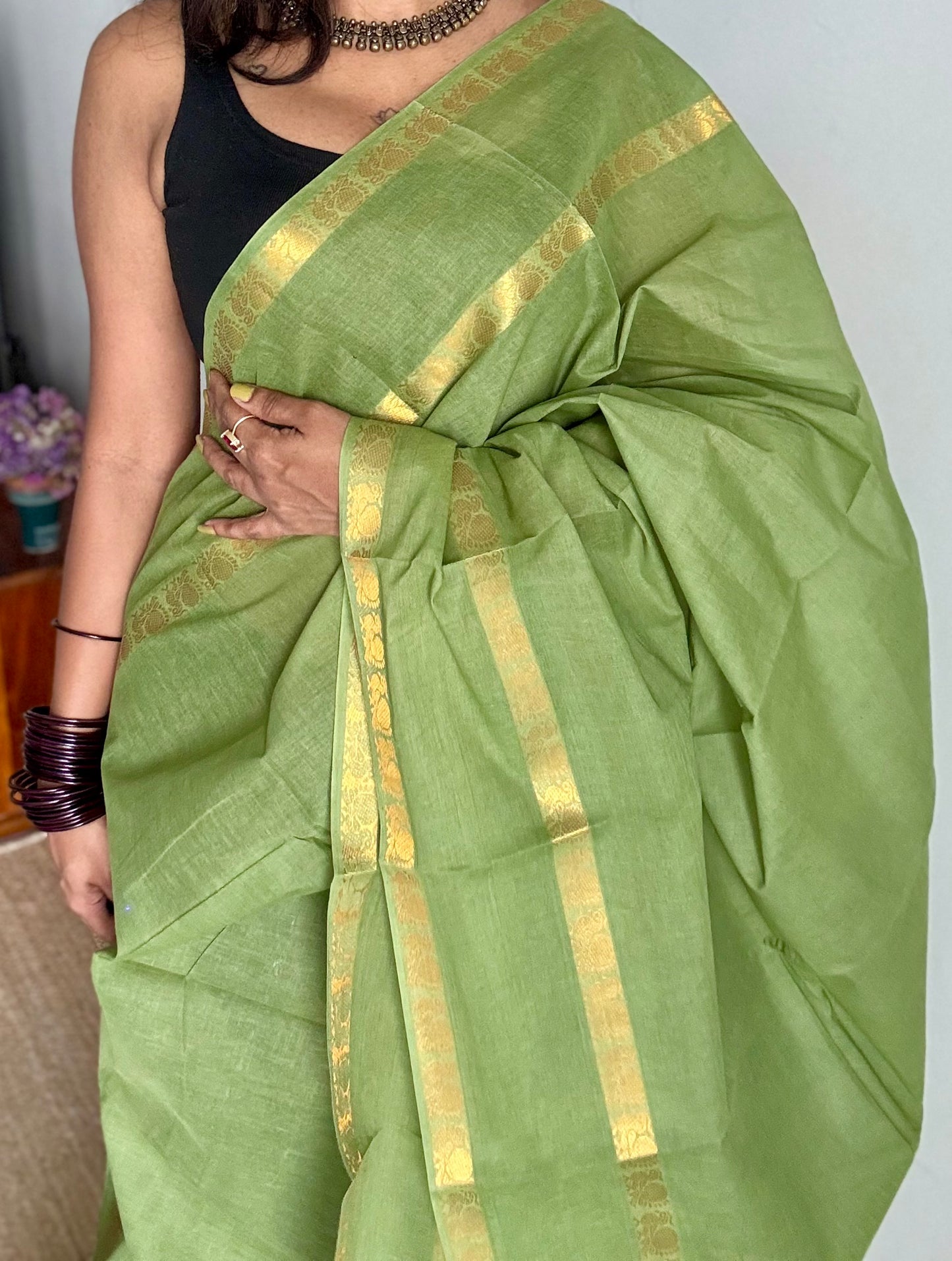 Sage green rettaipettu peacock double bordered, kattuchayam dyed madurai cotton saree - YCCOTNMSFE272