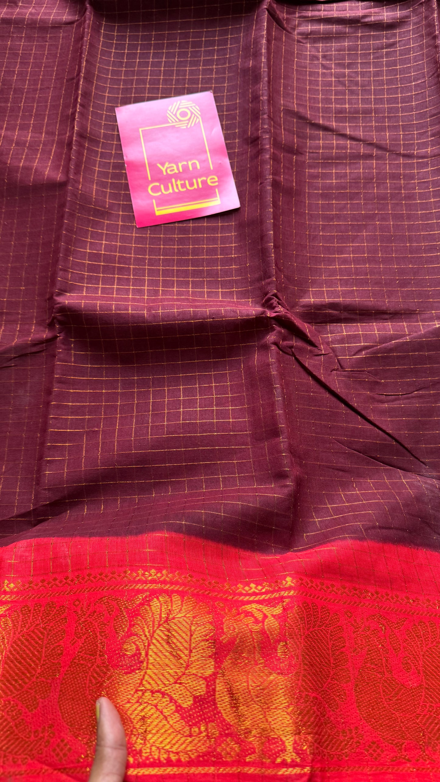 Maroon with chilli red contrast, zari checkered sungudi, kattuchayam dyed madurai cotton - YCCOTNMSFE334