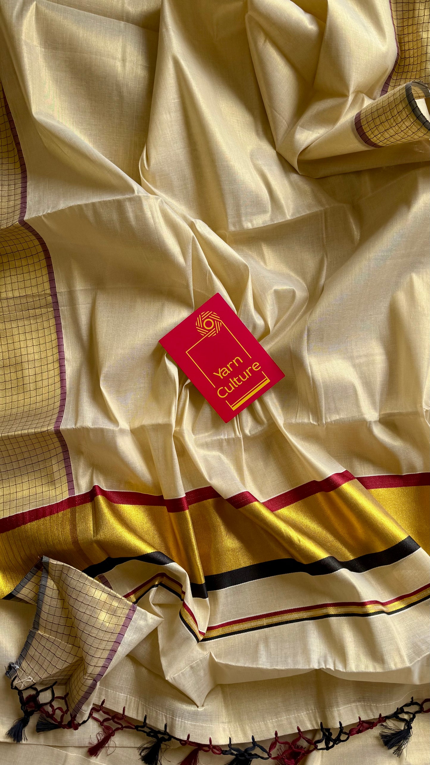Ivory and gold soft tissue cotton saree, black and red, checkered border - YCIEON78