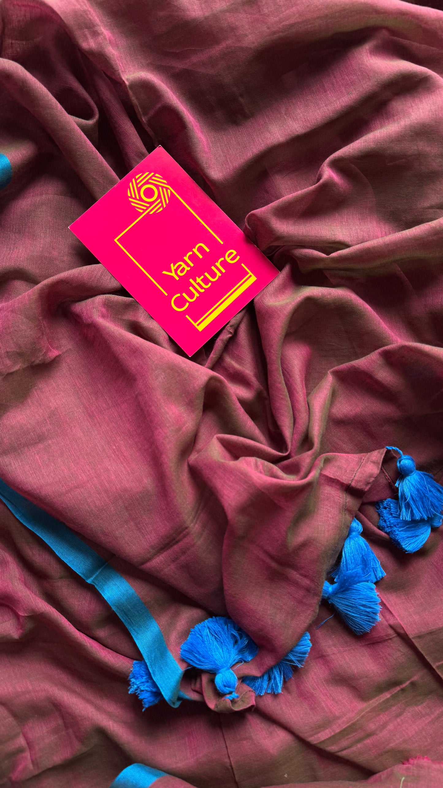 Terracotta brown with pink double shade and a persian blue border mul cotton saree - YCBCMCFE230