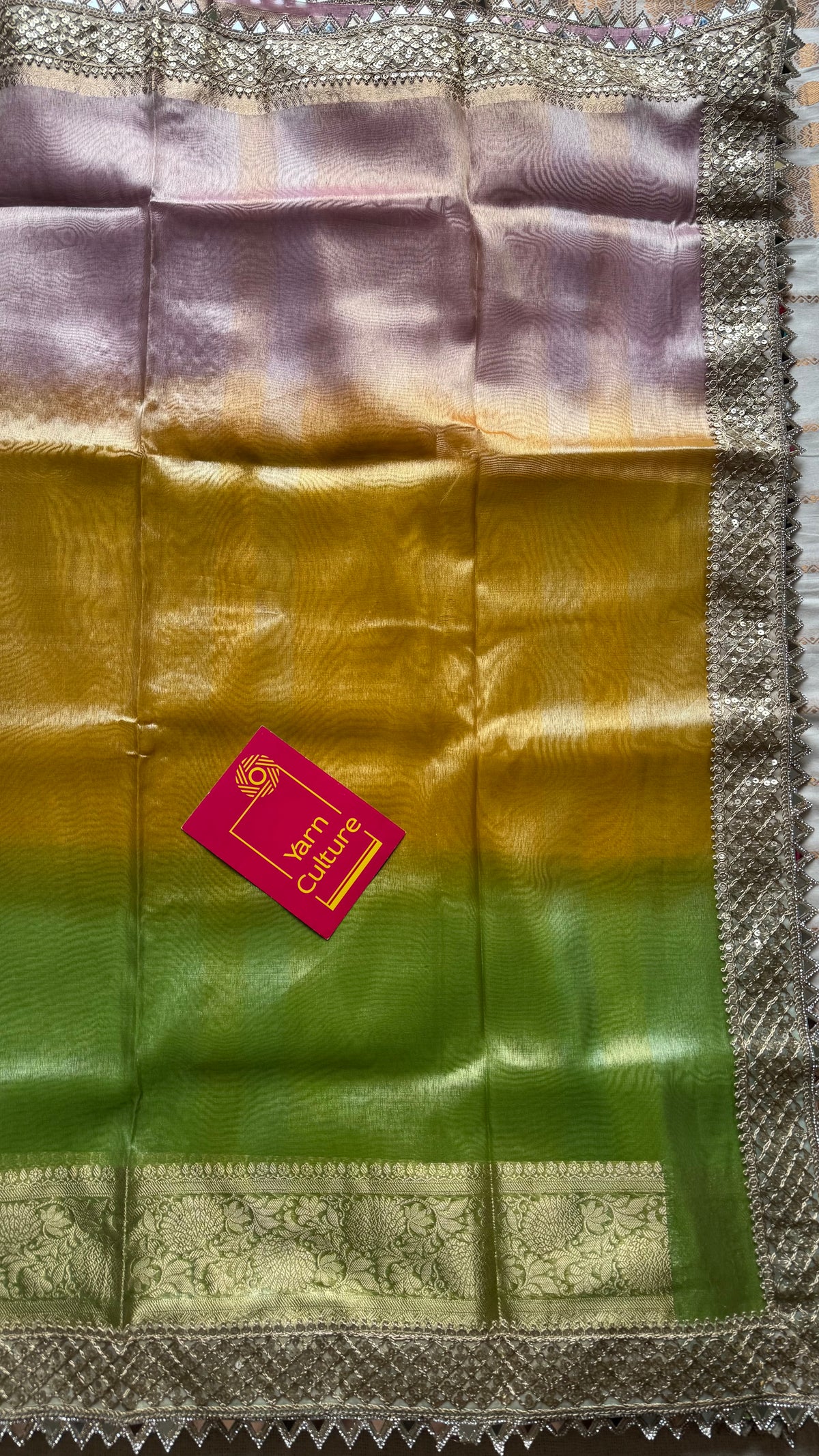 Pastel pink, green and yellow tissue Banarasi saree with embellished mirror border - YCBLTOC73