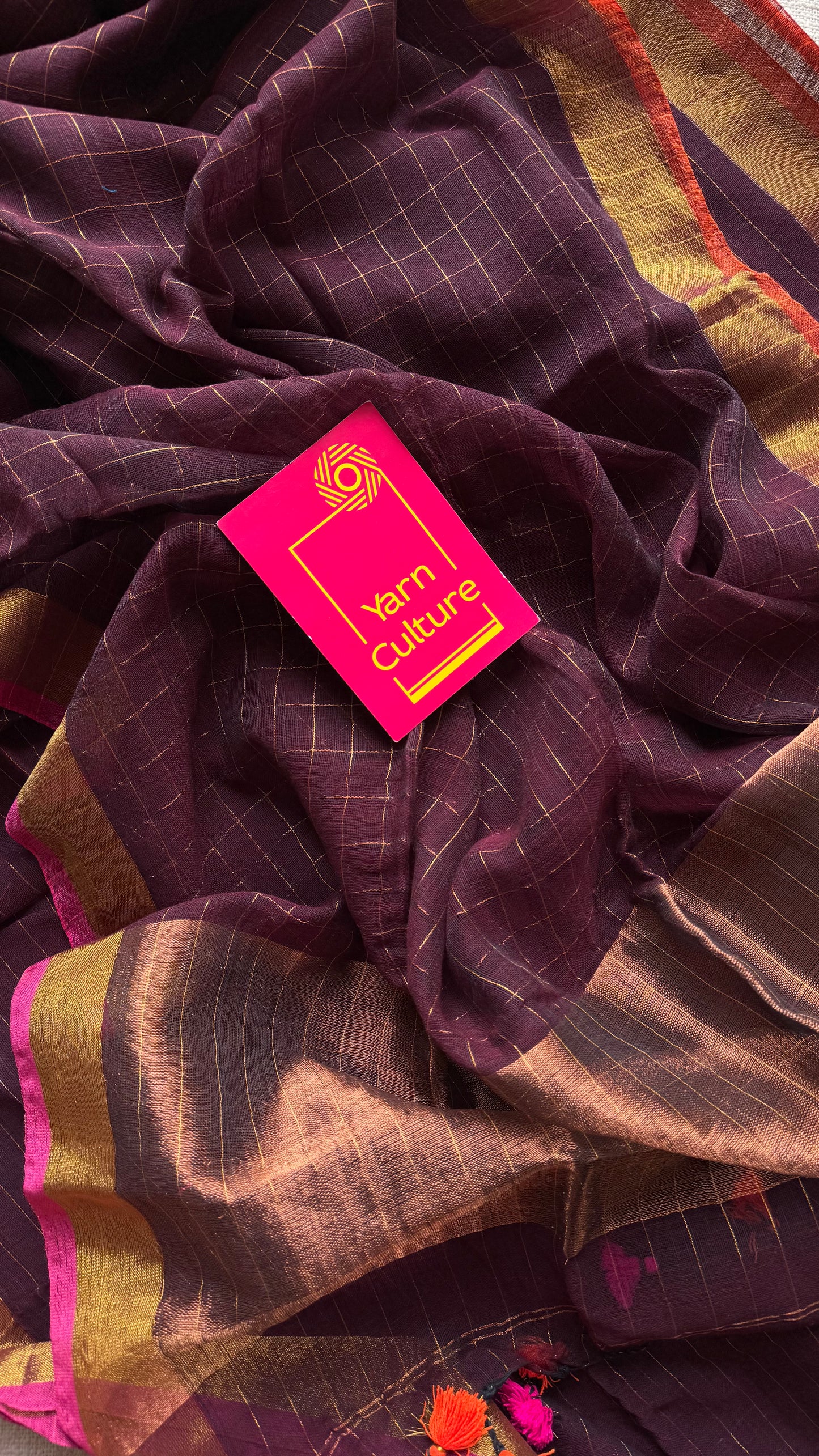 Brown linen by cotton saree, gold checks & copper zari pallu - YCBCLCFE394