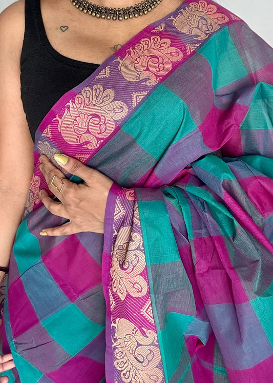 Chettinad cotton saree with magenta and cyan checks, peacock motif border - YCCOTNJUCC03
