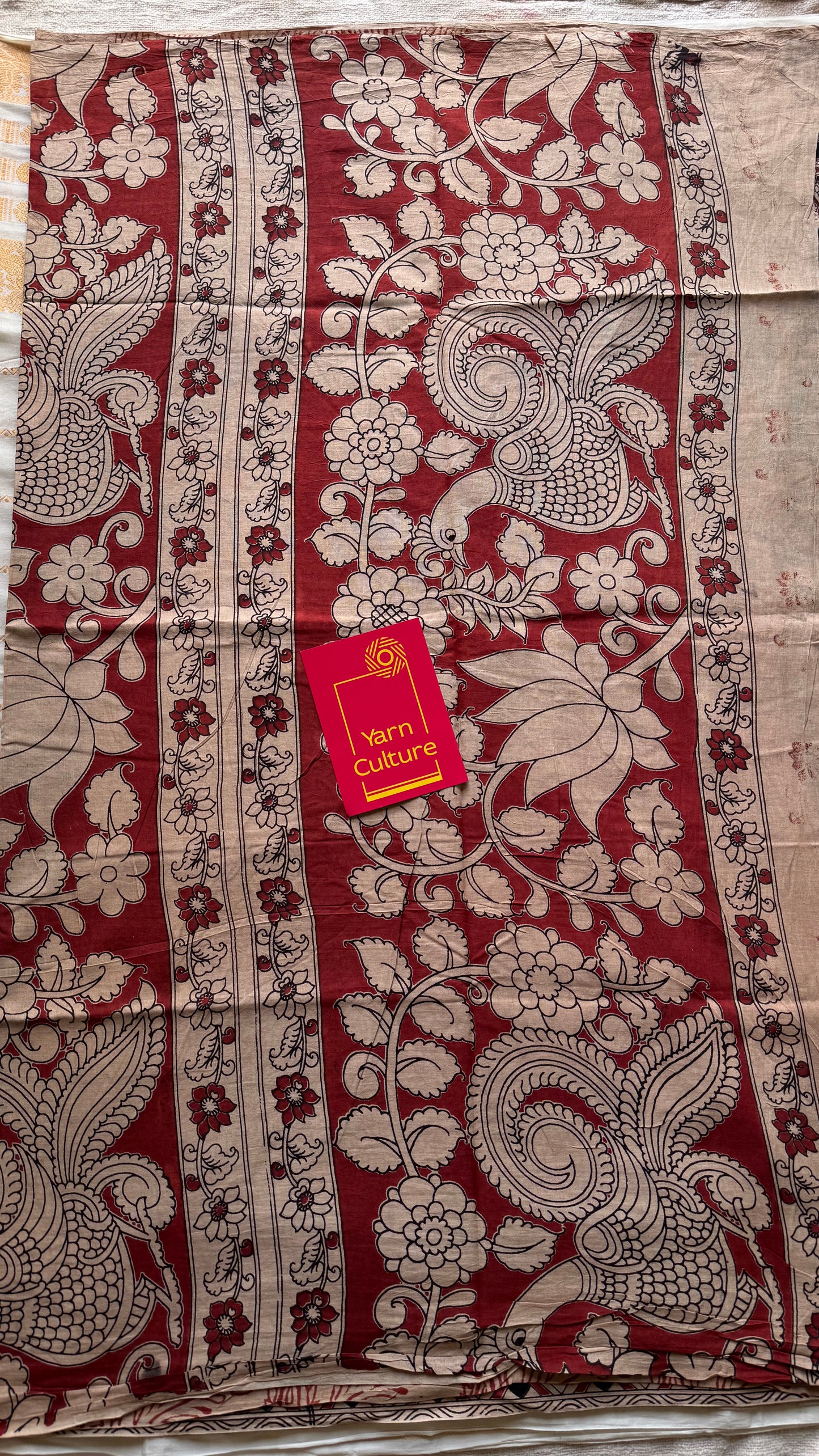 Black with red kalamkari saree, floral vines, soft cotton - YCWOTDMA352