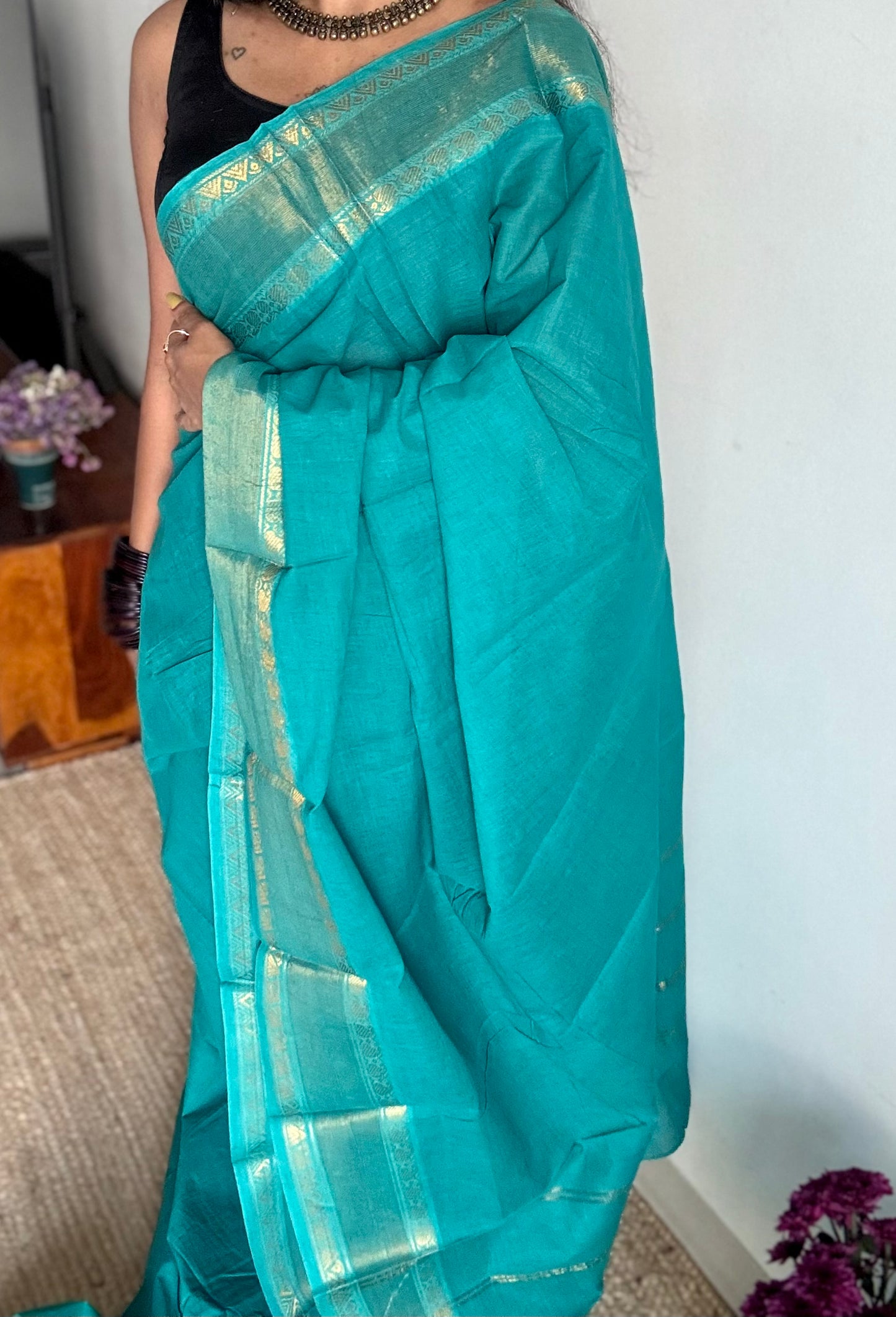 Turquoise kattuchayam dyed madurai soft cotton - YCCOTNSUDE138