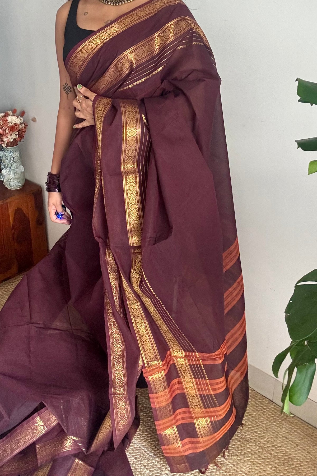 Purple brown with gap zari border, kanchi cotton saree - YCCOTNCCOC121