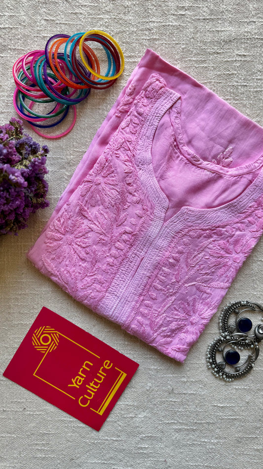 Baby pink muslin chikankari with ghas patti work, stitched kurta, round neck, three fourth sleeves - YCSECK33