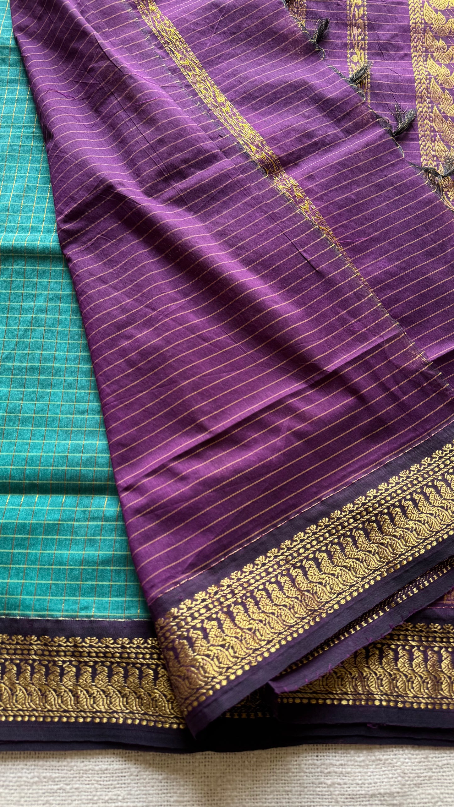 Turquoise with dark wine, checks - cotton silk - YCCOTNOCKC38