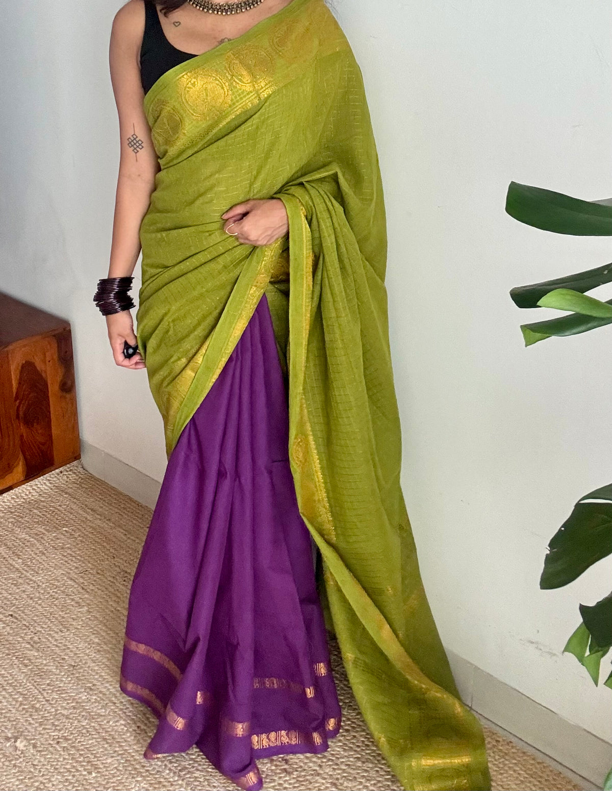 Parrot green and purple, sungudi cotton half-half saree - YCCOTNIDOC25