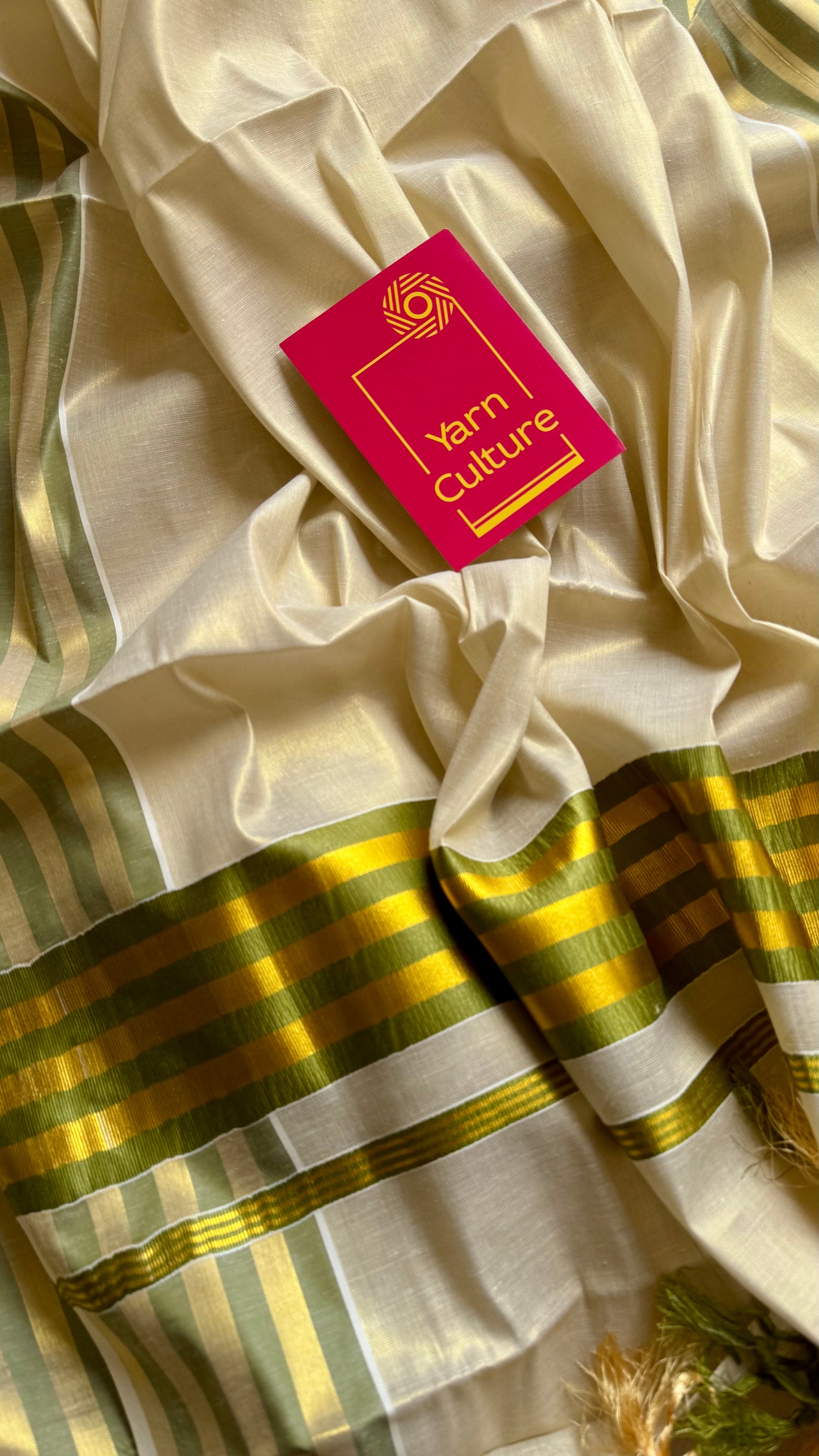 Ivory and gold soft tissue cotton saree, light green border - YCIEON65