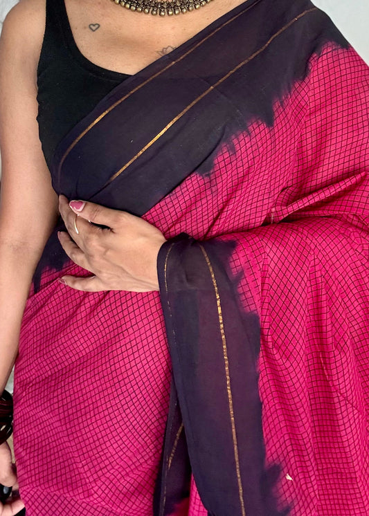Dark pink with black contrast, checkered kattuchayam dyed madurai cotton saree - YCCOTNMA234