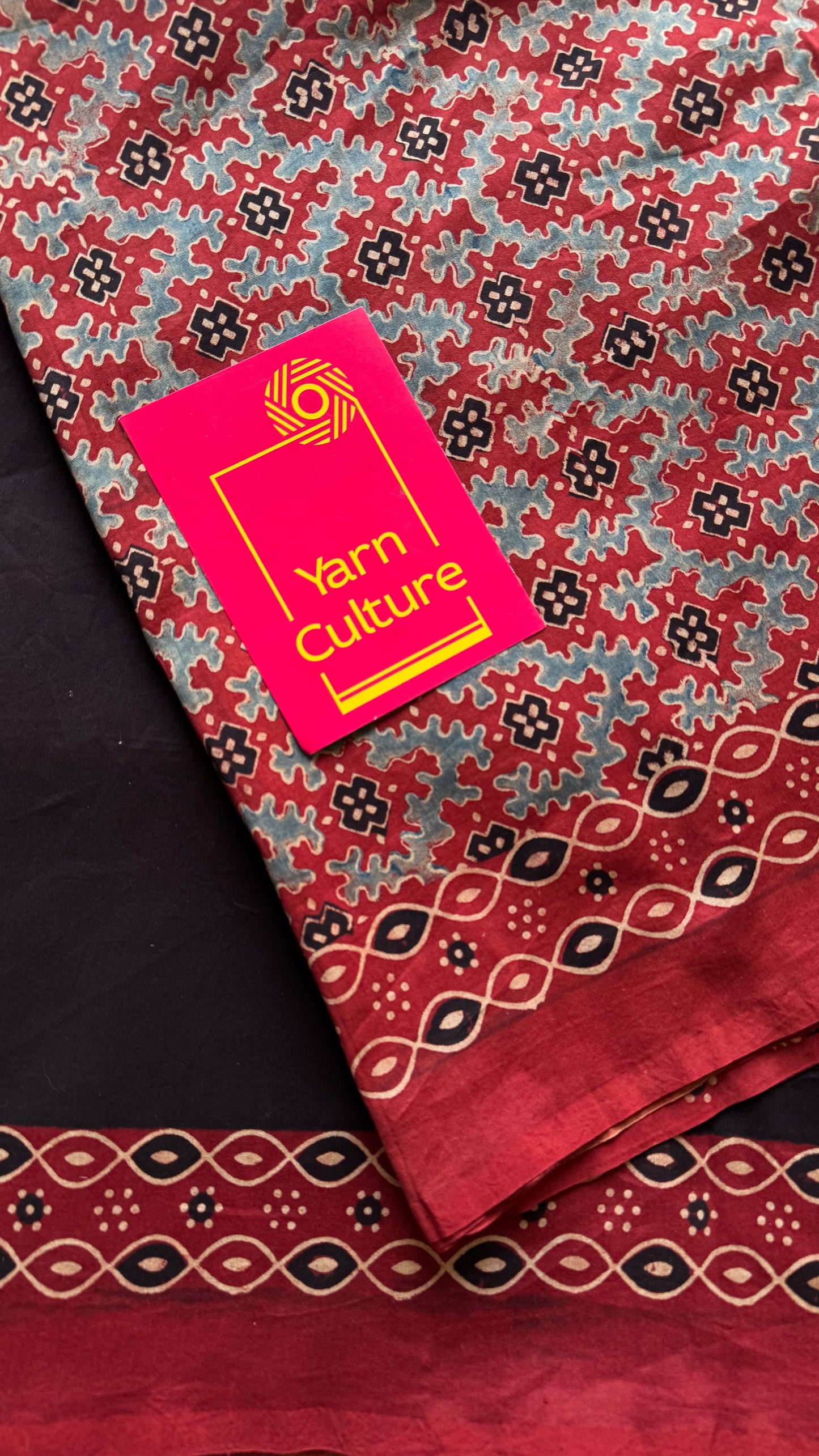 Black and red chanderi saree with ajrakh handblock print - YCTOKAJC343