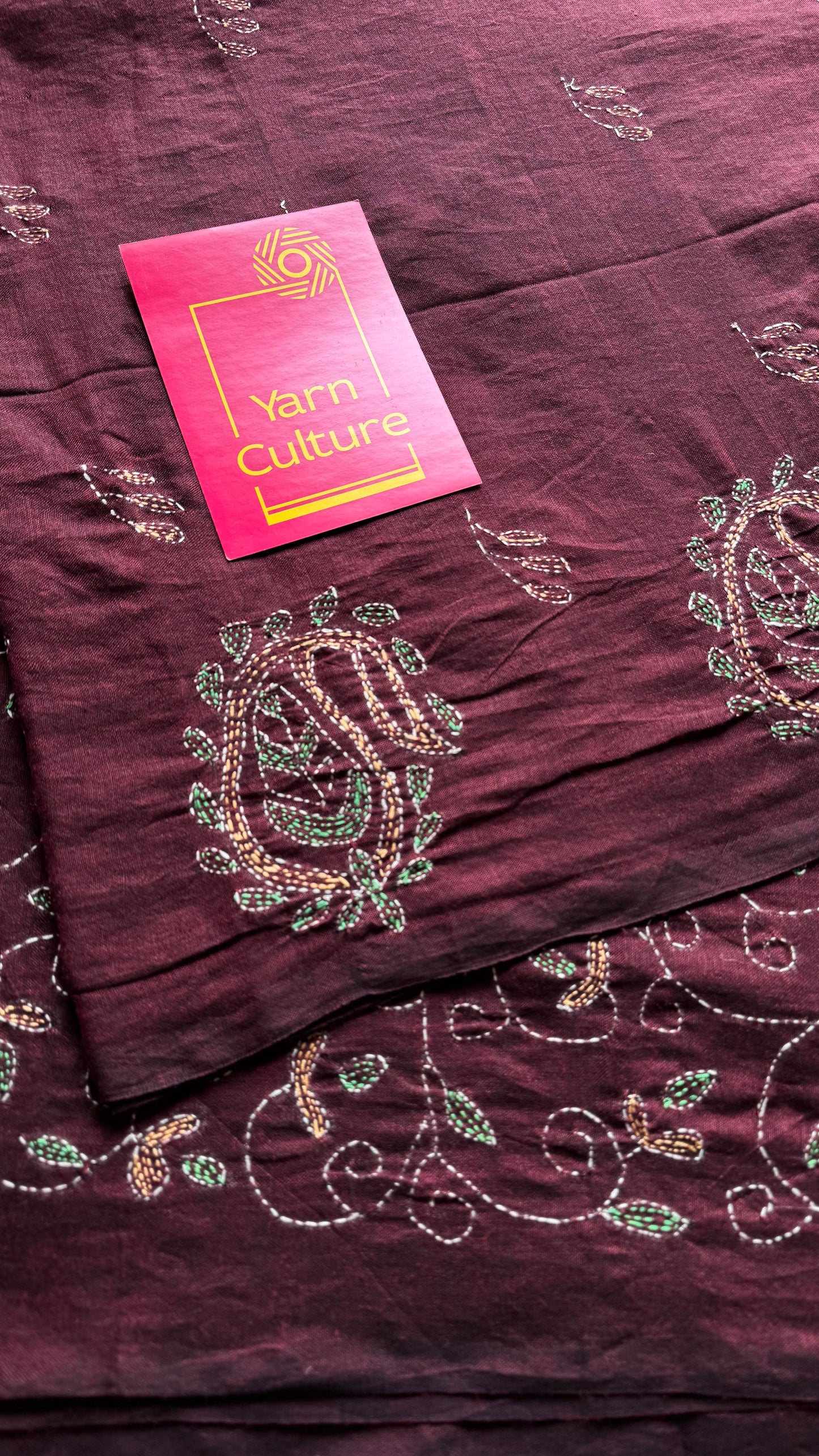 Embroidered maroon kantha weave in soft cotton - YCBCKKJA147