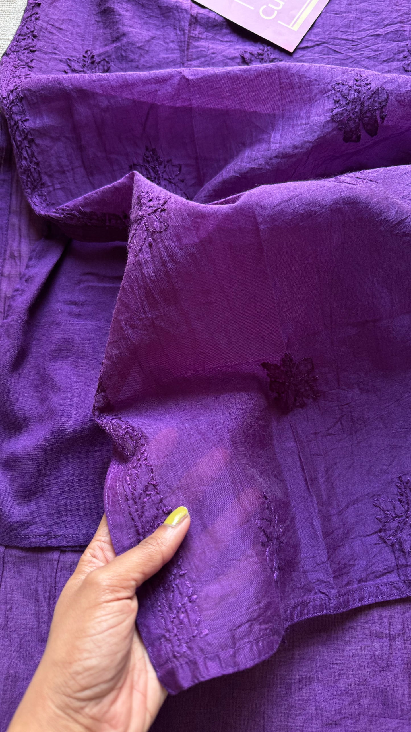 Purple muslin chanderi chikankari with bakhiya work, stitched kurta, round neck, three fourth sleeves - YCSECK25