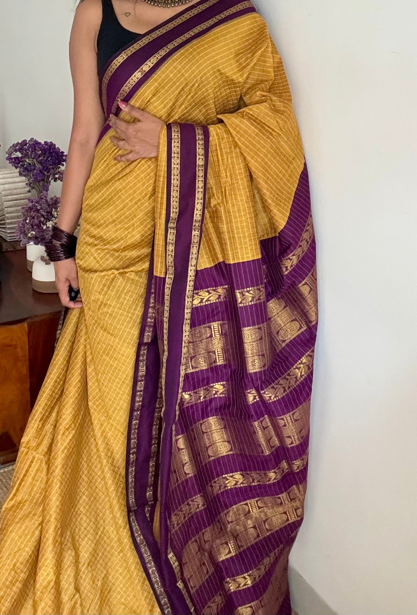 Yellow with wine contrast arani checkered saree, cotton silk - YCCOTNMA278
