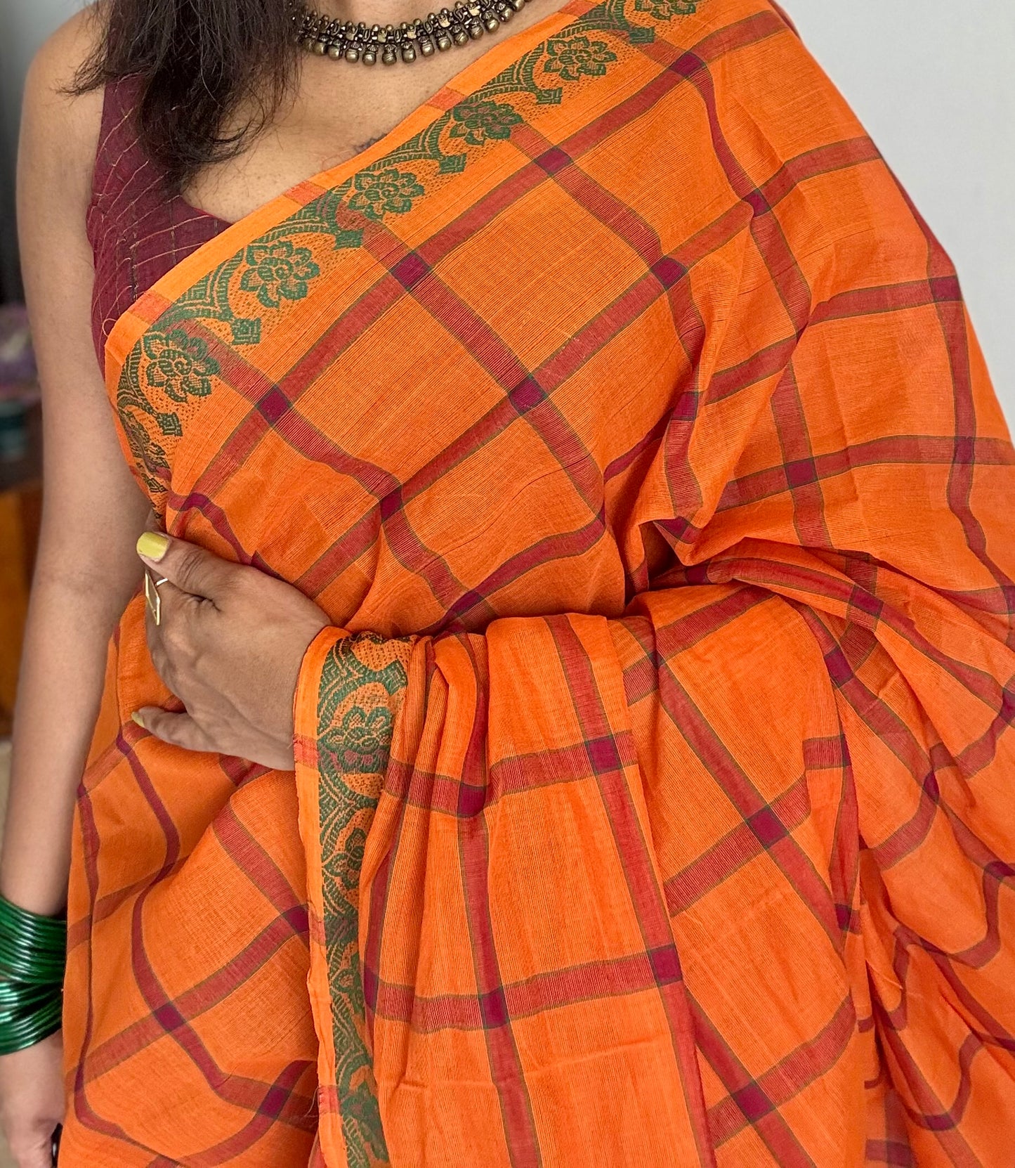 Orange Chettinad cotton saree with checks - YCCOTNCCFE147