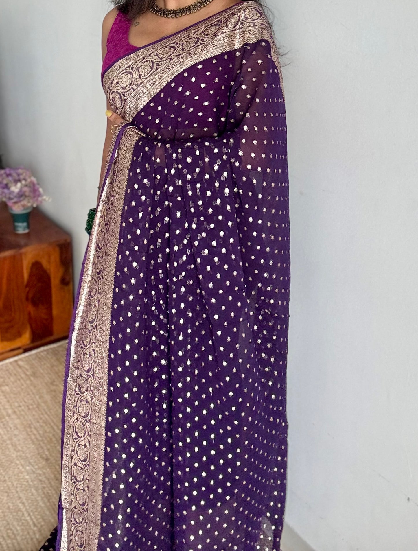 Purple viscose georgette saree with zari motifs - YCDOSFE208