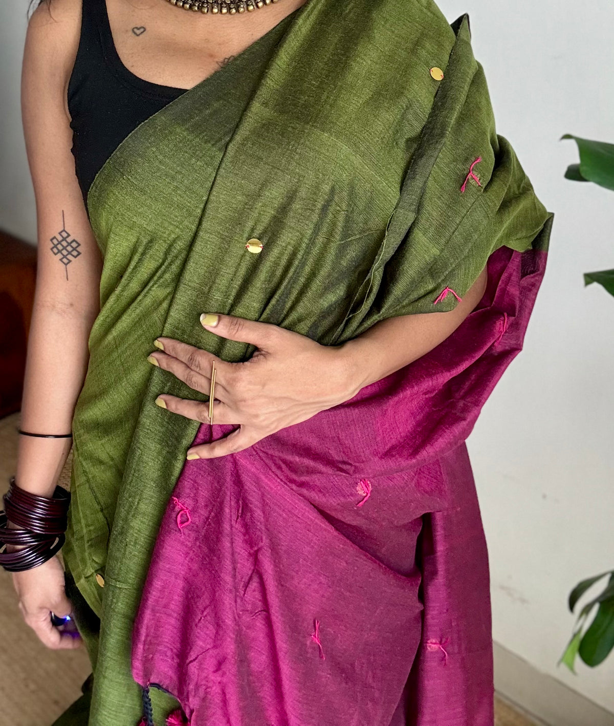 Olive green with ruby contrast pallu, gini sequins, soft cotton saree - YCBCSCOC07