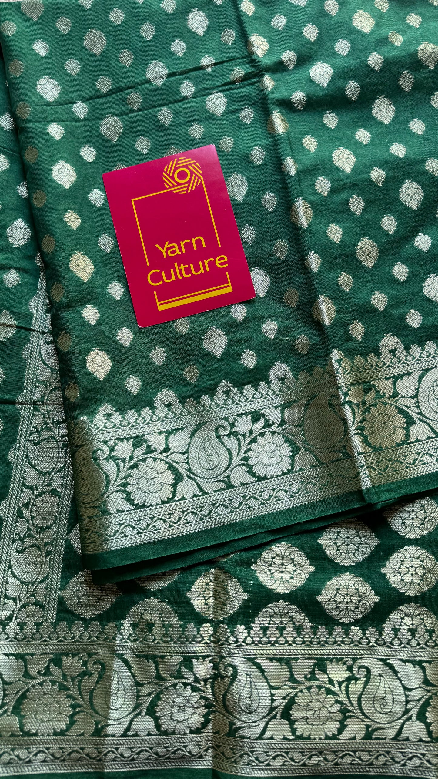 Bottle green, silver buttas and zari, Banarasi semi-silk - YCDESE40