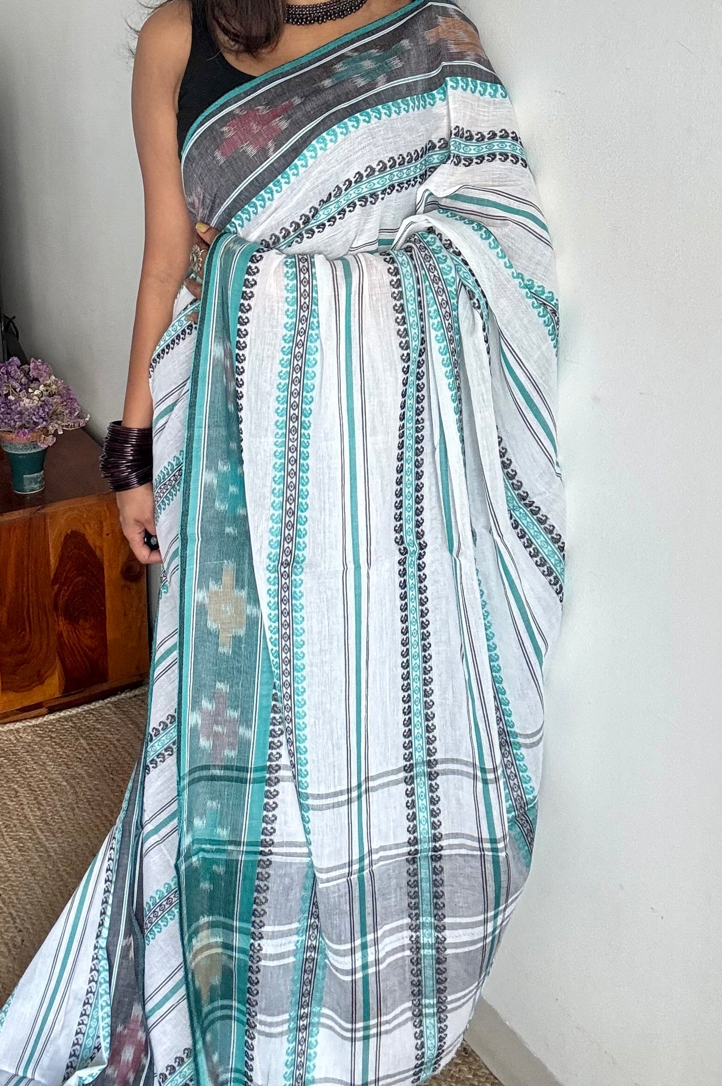 Dhonekhali handloom soft cotton saree, white with turquoise and black woven stripes, Ikkat border- YCBCDFE247