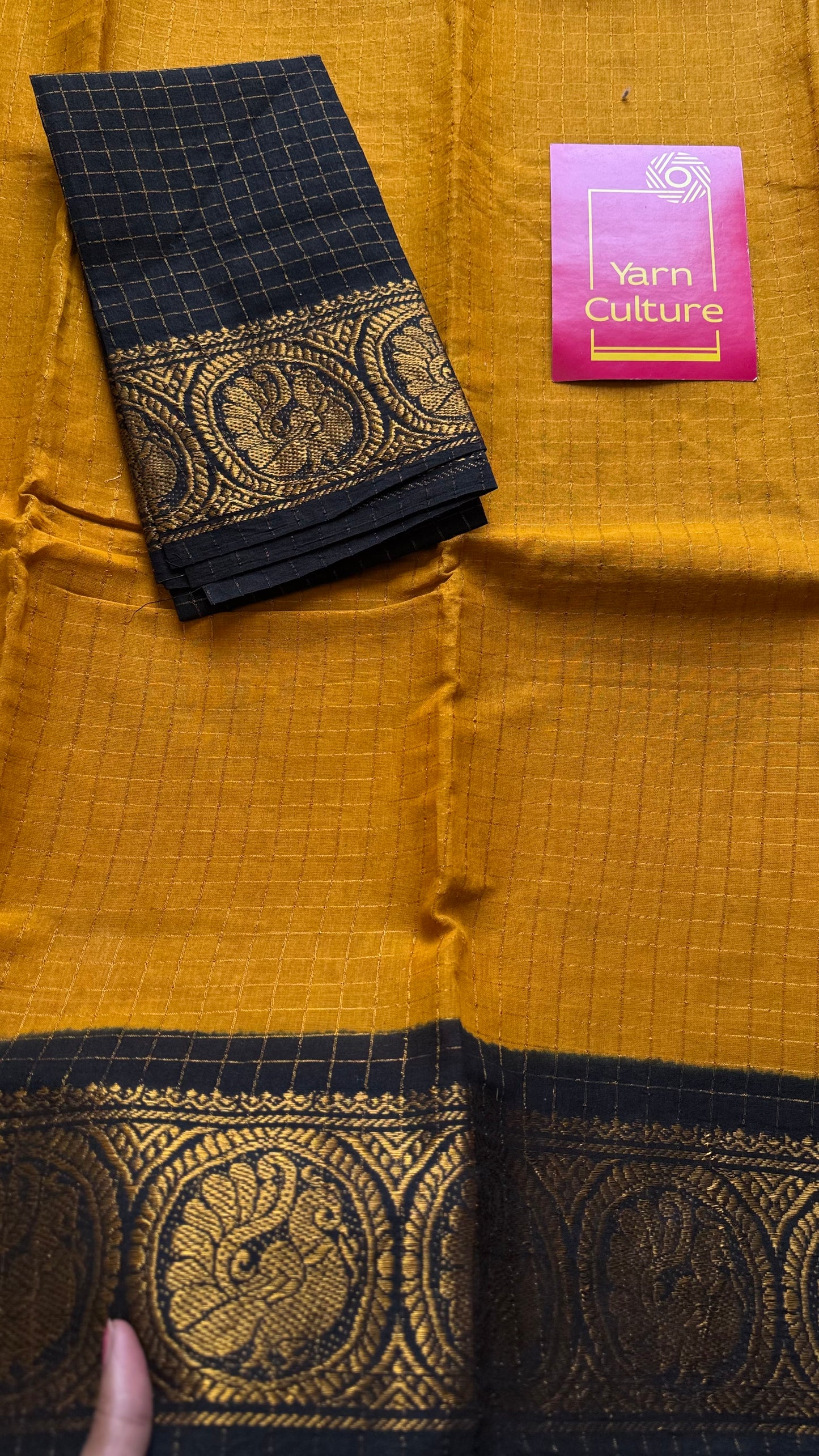 Yellow with black contrast zari checkered sungudi, kattuchayam dyed madurai cotton - YCCOTNMSAP94