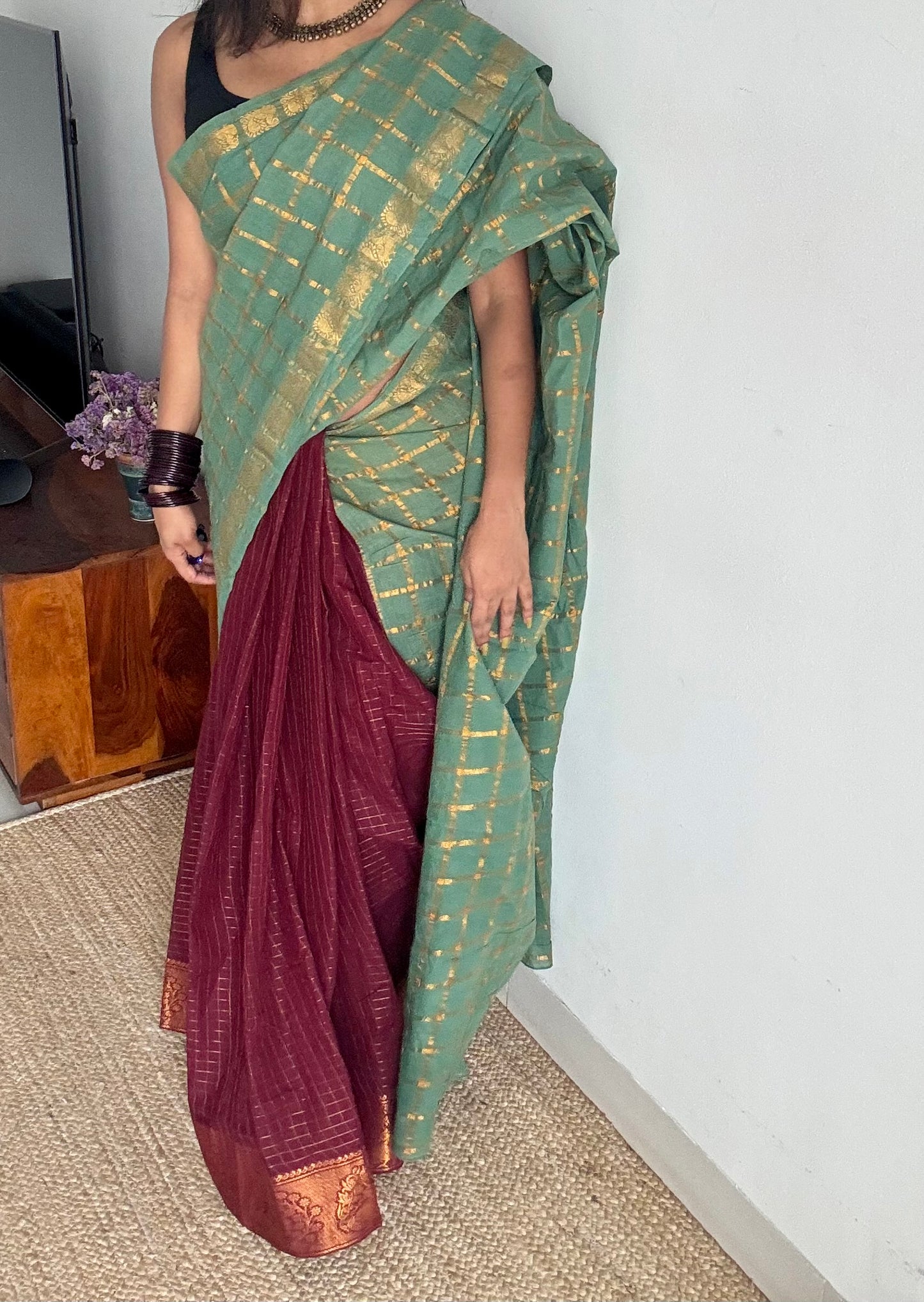 Mint green with maroon, sungudi cotton half-half saree - YCCOTNMSFE363