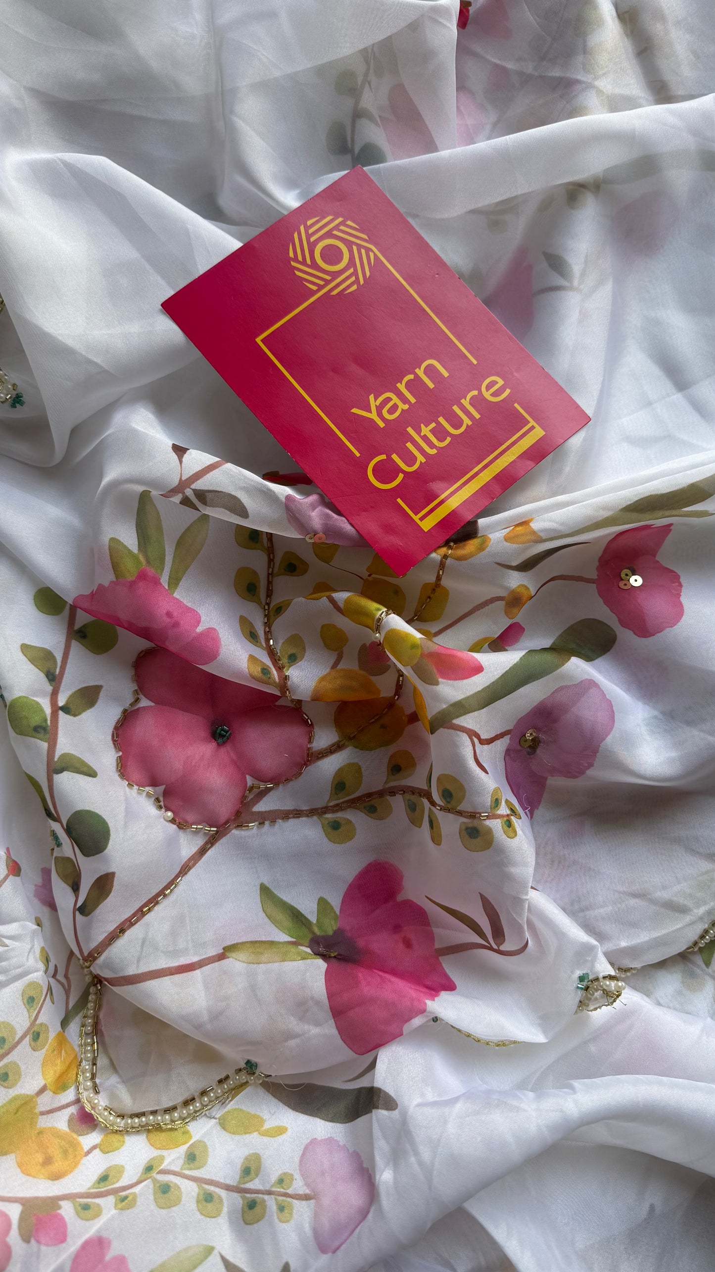 Snow Blossom - white floral handworked sequins work, tabby silk - YCDOSNO51