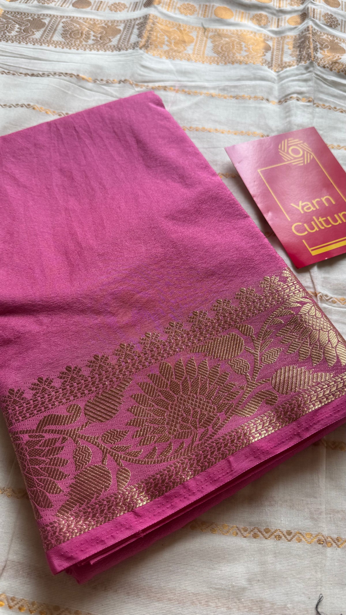Pink, semi crepe silk saree with antique gold floral border - YCLOKOC55
