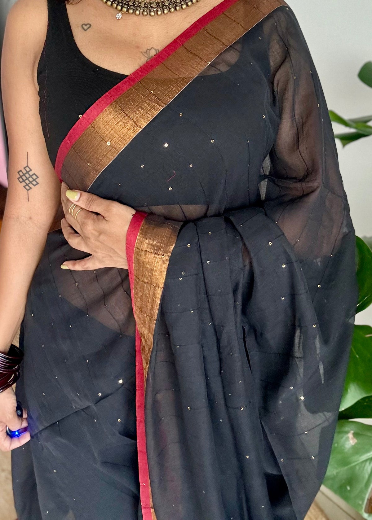 Black mul cotton saree with sequins and zari border - YCBCMCSE29