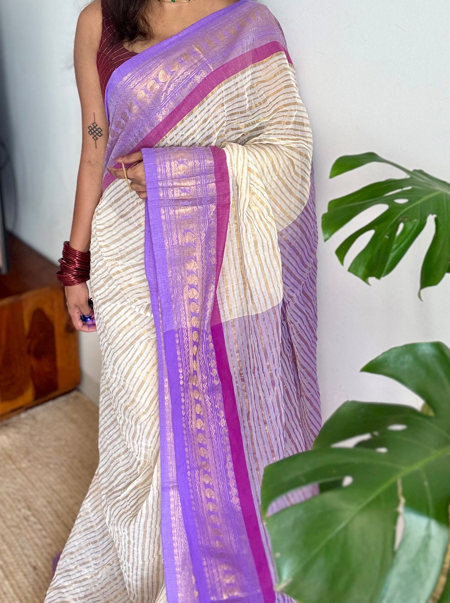 Ivory mul saree, purple and gold - YCIEON33