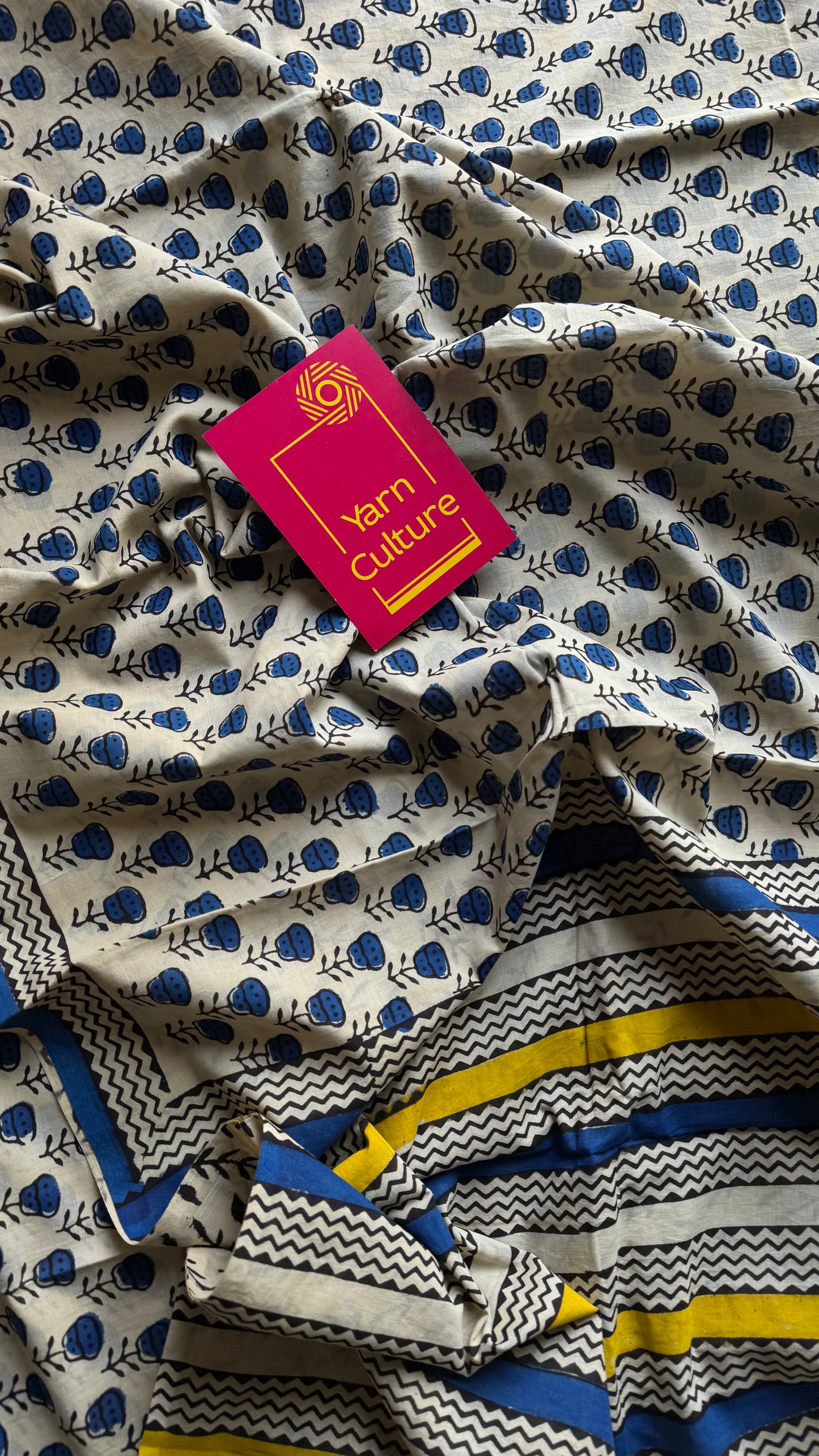 Beige with blue flowers, block printed soft cotton saree -YCTORCMA09