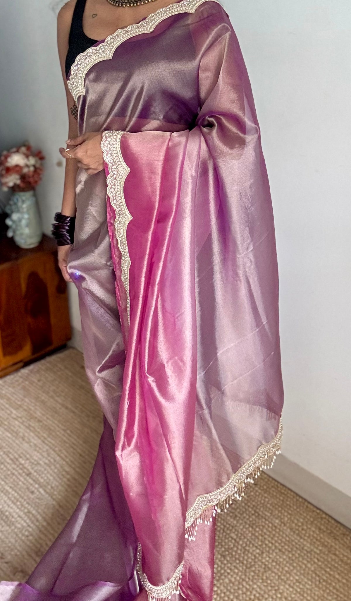 Pink and purple tissue Banarasi saree with embellished pearl lace border - YCBLTOC74