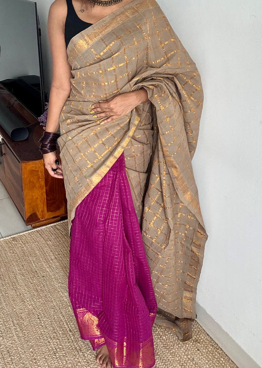 Warm grey with magenta, sungudi cotton half-half saree - YCCOTNMSFE344