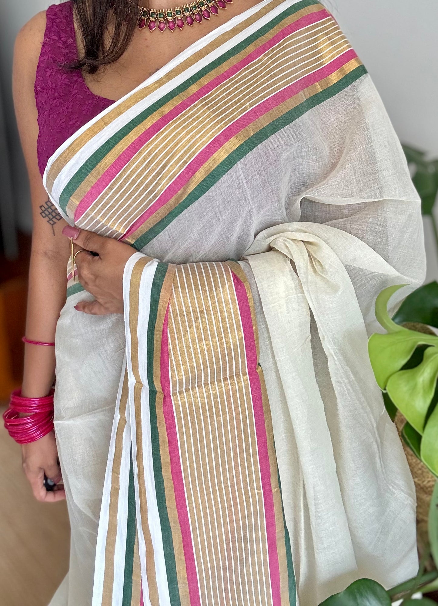 Ivory mul saree, hot pink, green and gold striped border - YCIEON14