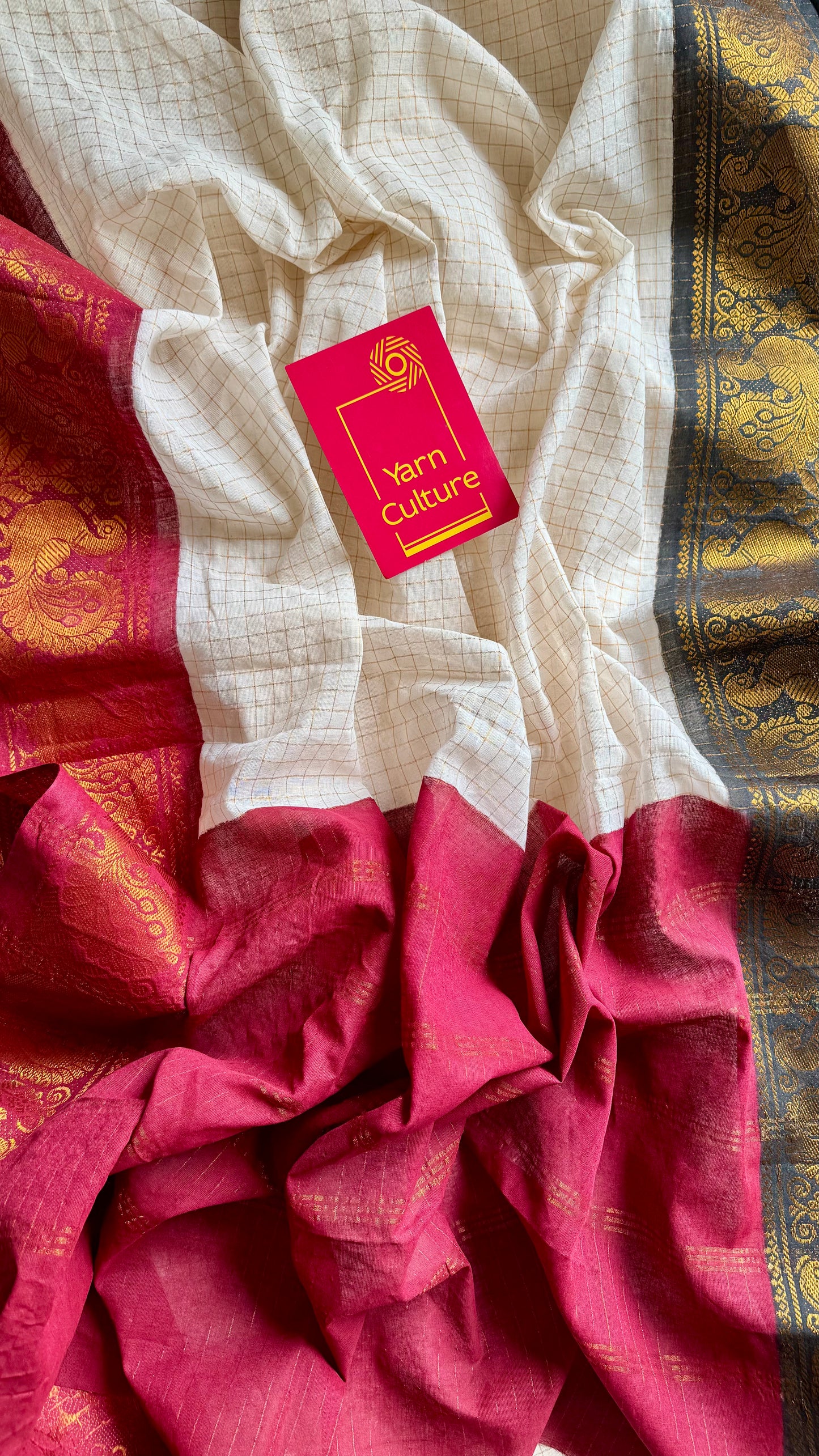 Ayesha : Chembarathi - Sungudi checks, ivory gold base, black and maroon dual tone border, soft cotton - YCIEON162