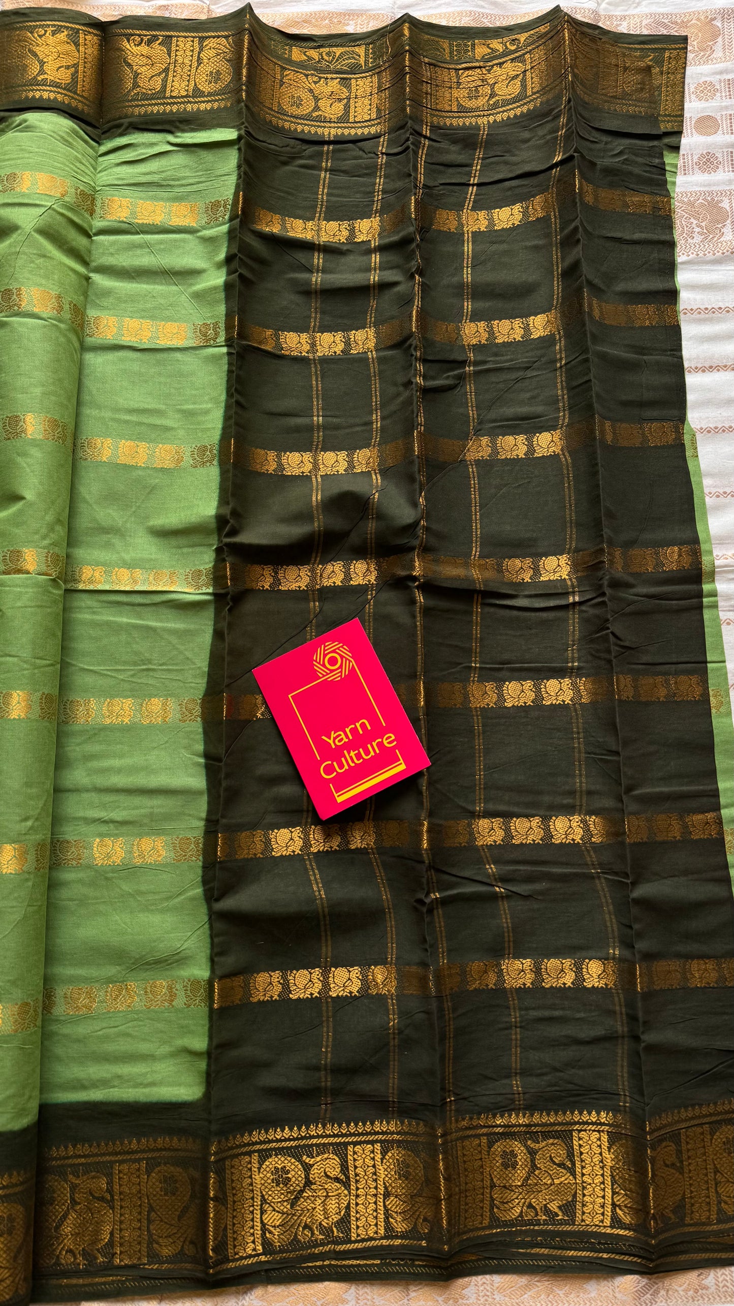 Light pista green with dark green, multi peacock motif lines, kattuchayam dyed sungudi cotton - YCCOTNJUCC13