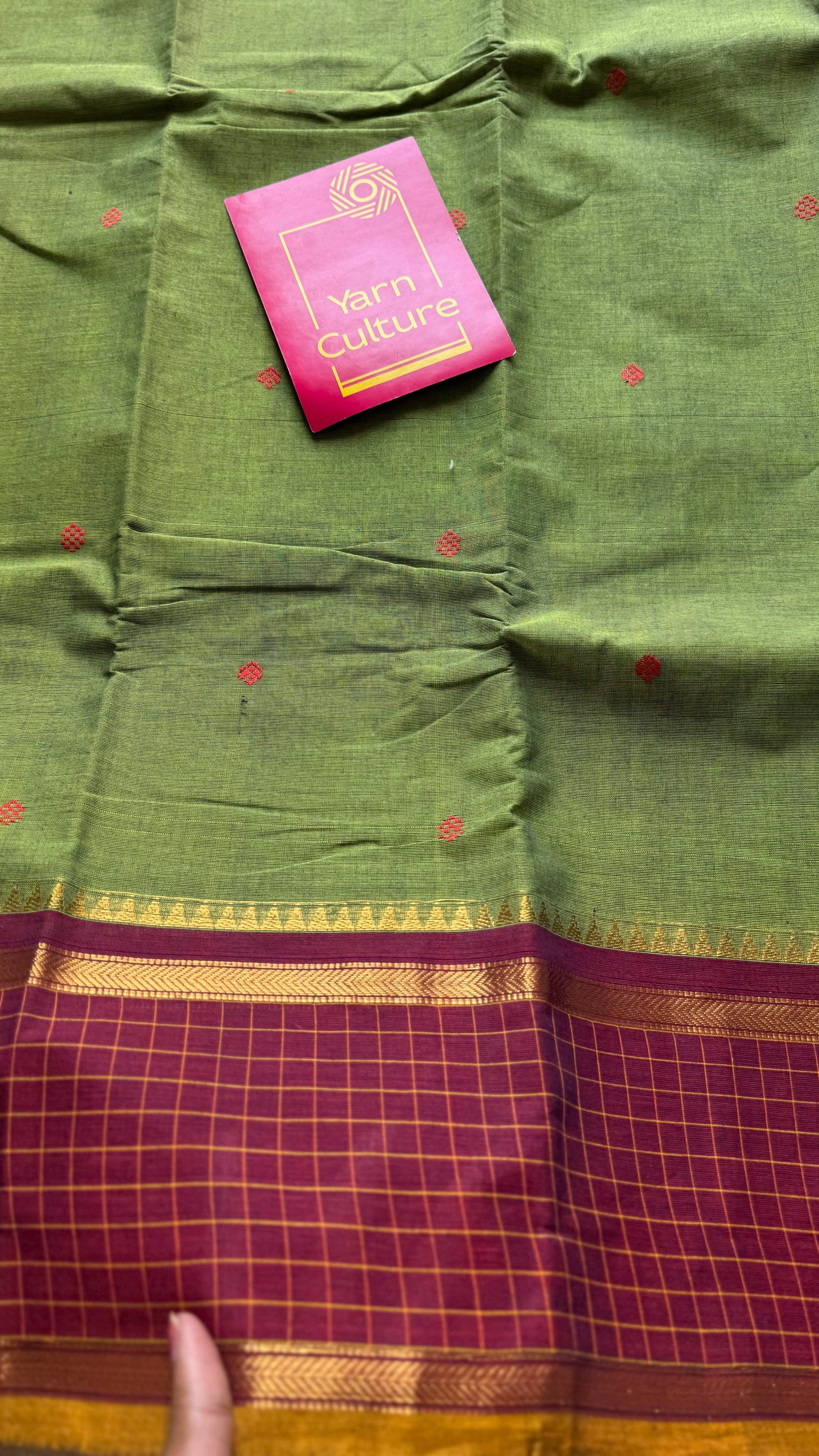 Green and maroon contrast, Chettinad cotton saree with checkered border  - YCCOTNMA271